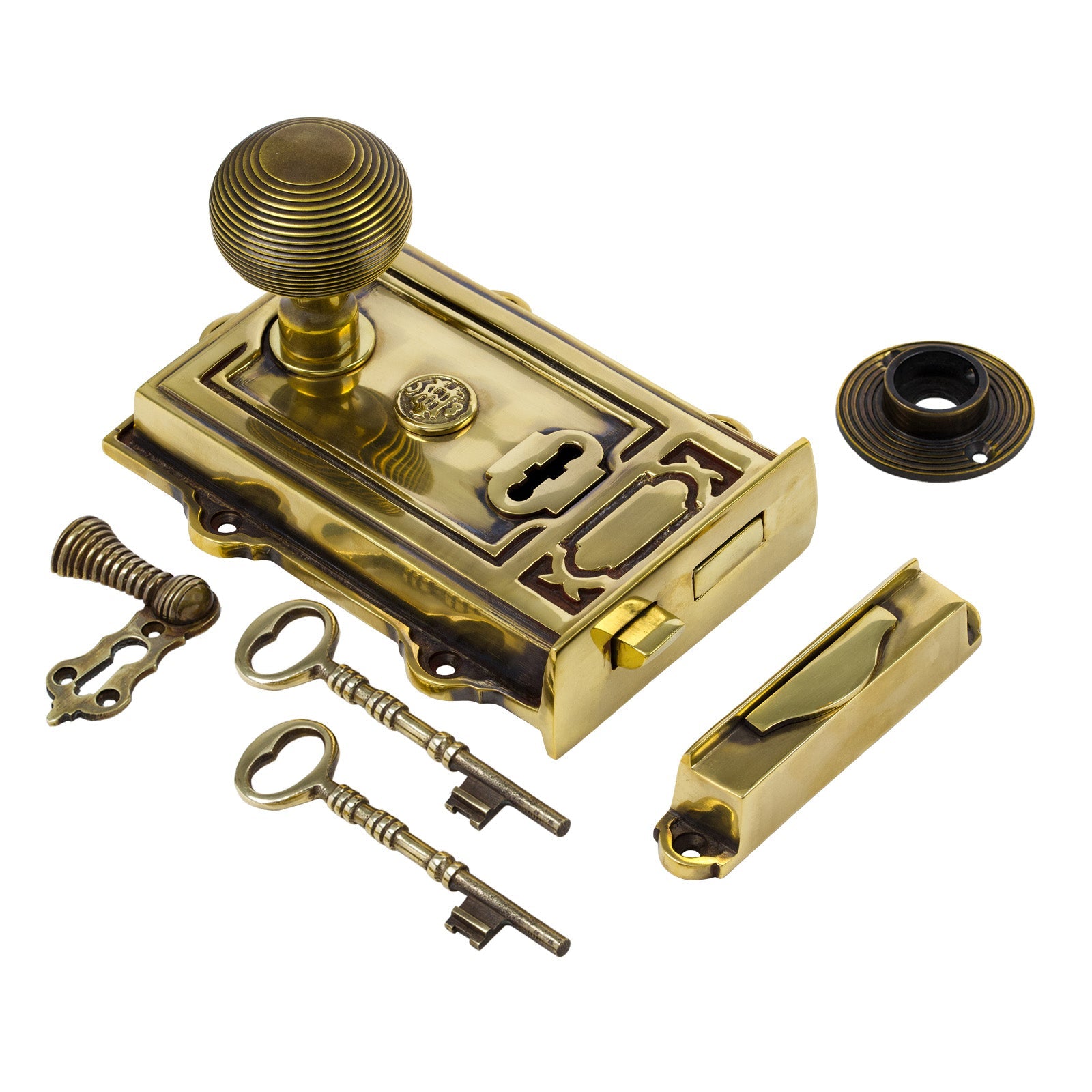 Ornate Antique Brass Rim Lock & Knob Sets