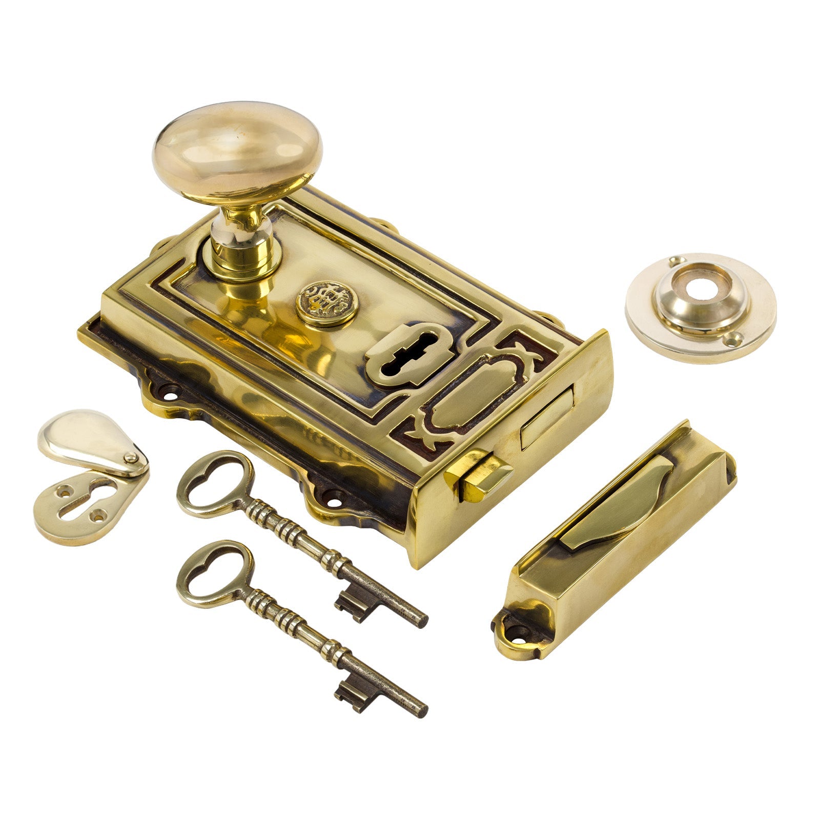 Ornate Antique Brass Rim Lock & Knob Sets