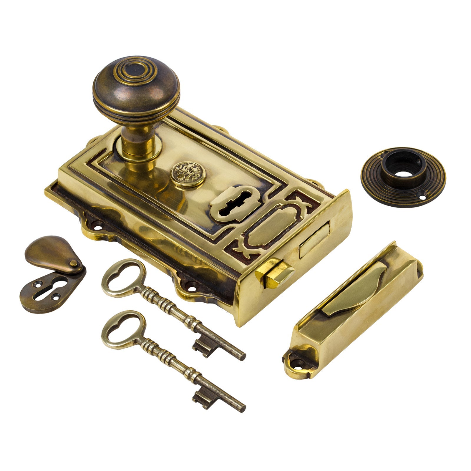 Ornate Antique Brass Rim Lock & Knob Sets