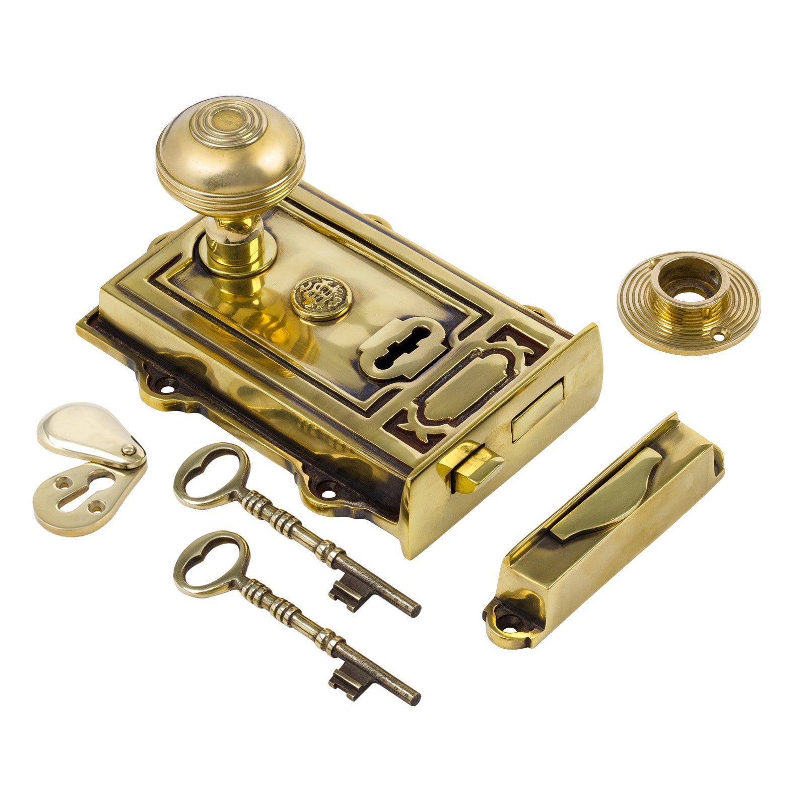 Ornate Antique Brass Rim Lock & Knob Sets