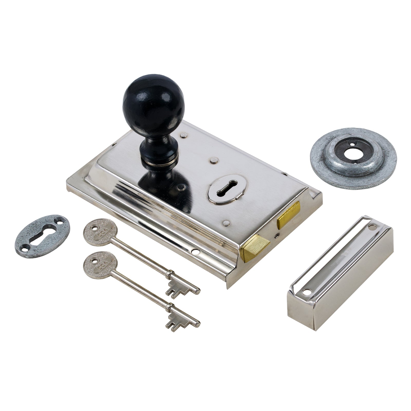 SHOW Round Door Knob Set - Black On Polished Nickel Rim Lock