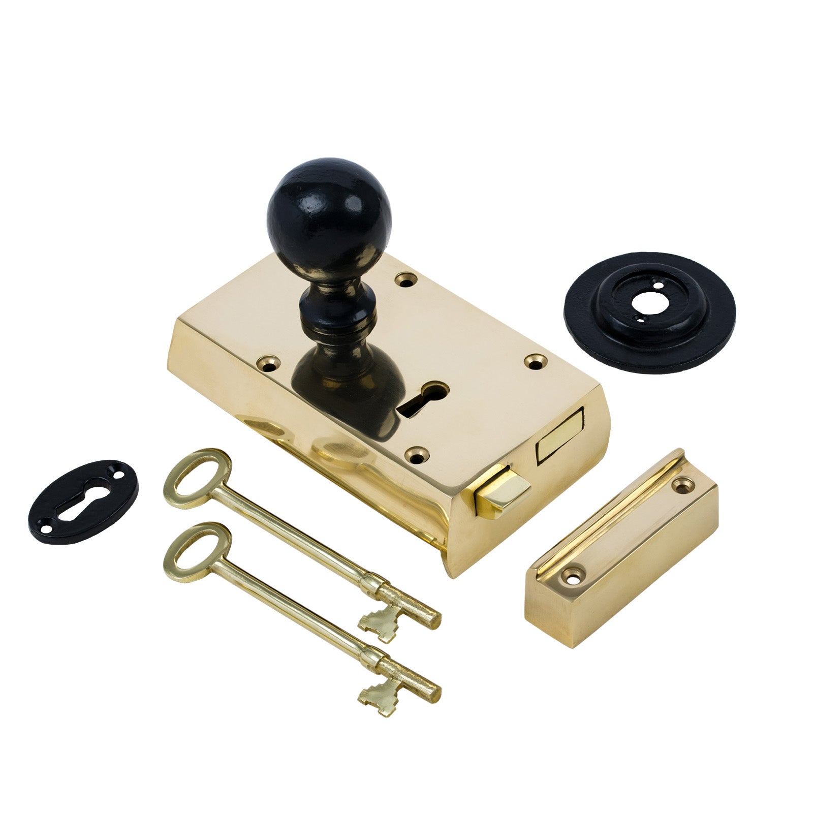 SHOW Left Handed Small Brass Rim Lock with Black Round Door Knob Set