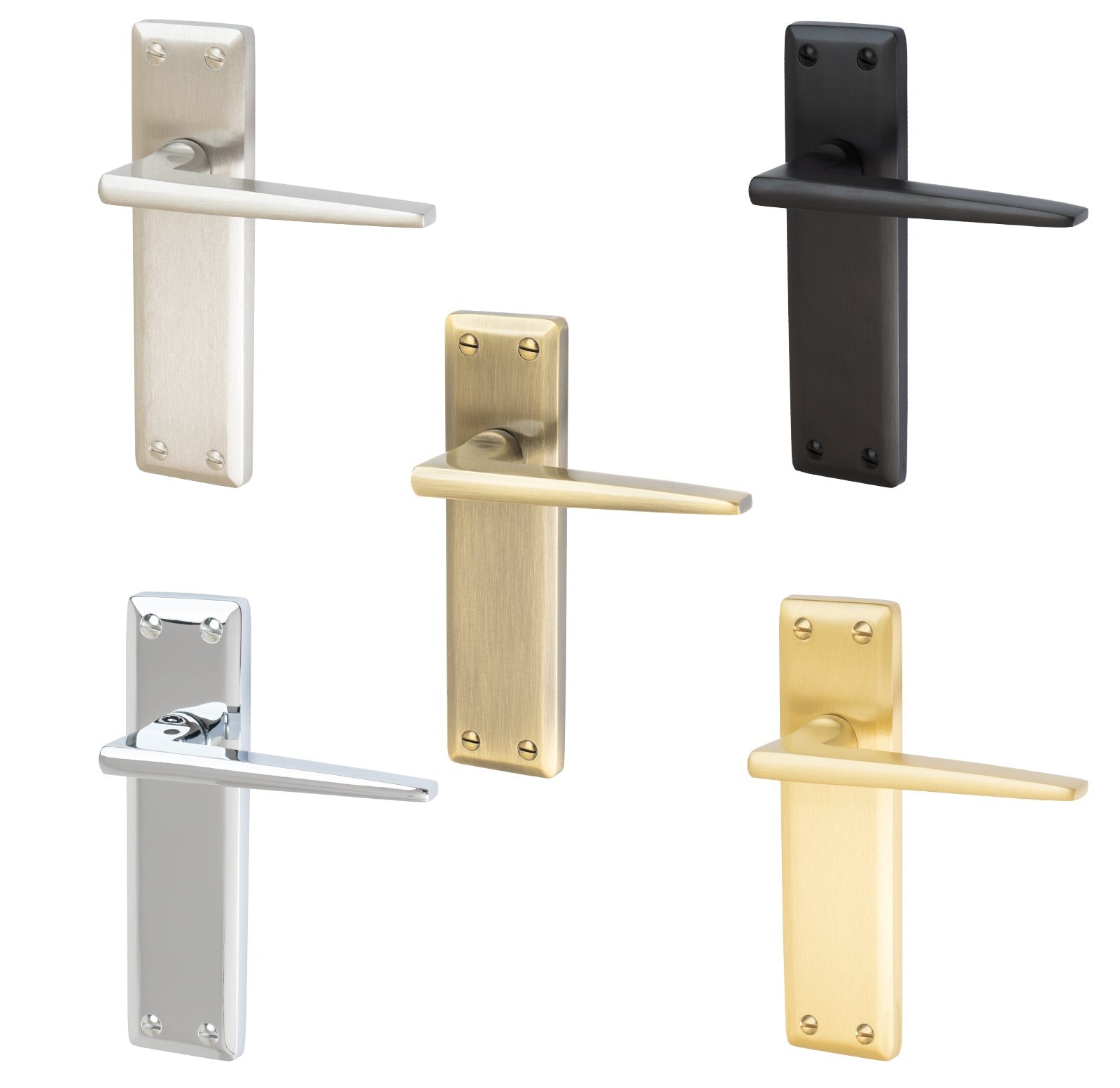 Kendal Door Handles On Plate Latch Handle in Matt Bronze, Satin Nickel, Polished Chrome, Satin Brass and Aged Brass.