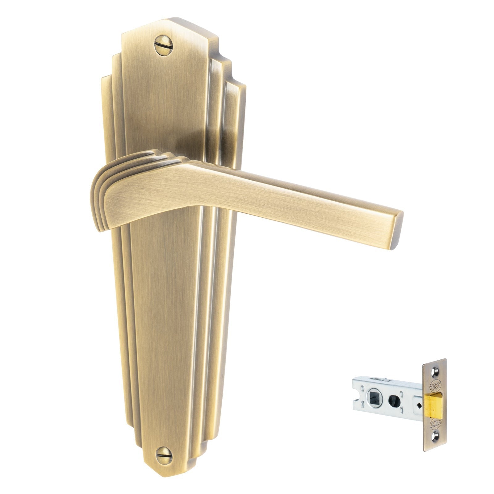 Waldorf Door Handles On Plate Latch Handle Set in Aged Brass