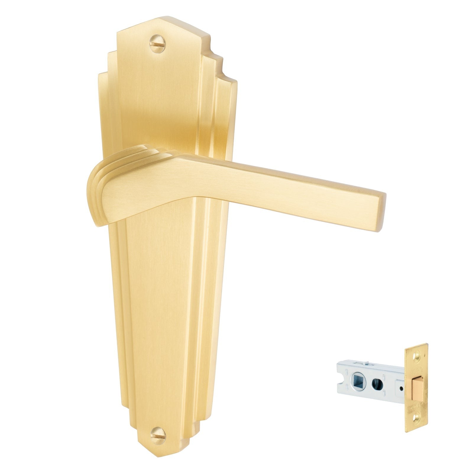 Waldorf Door Handles On Plate Latch Handle Set in Satin Brass