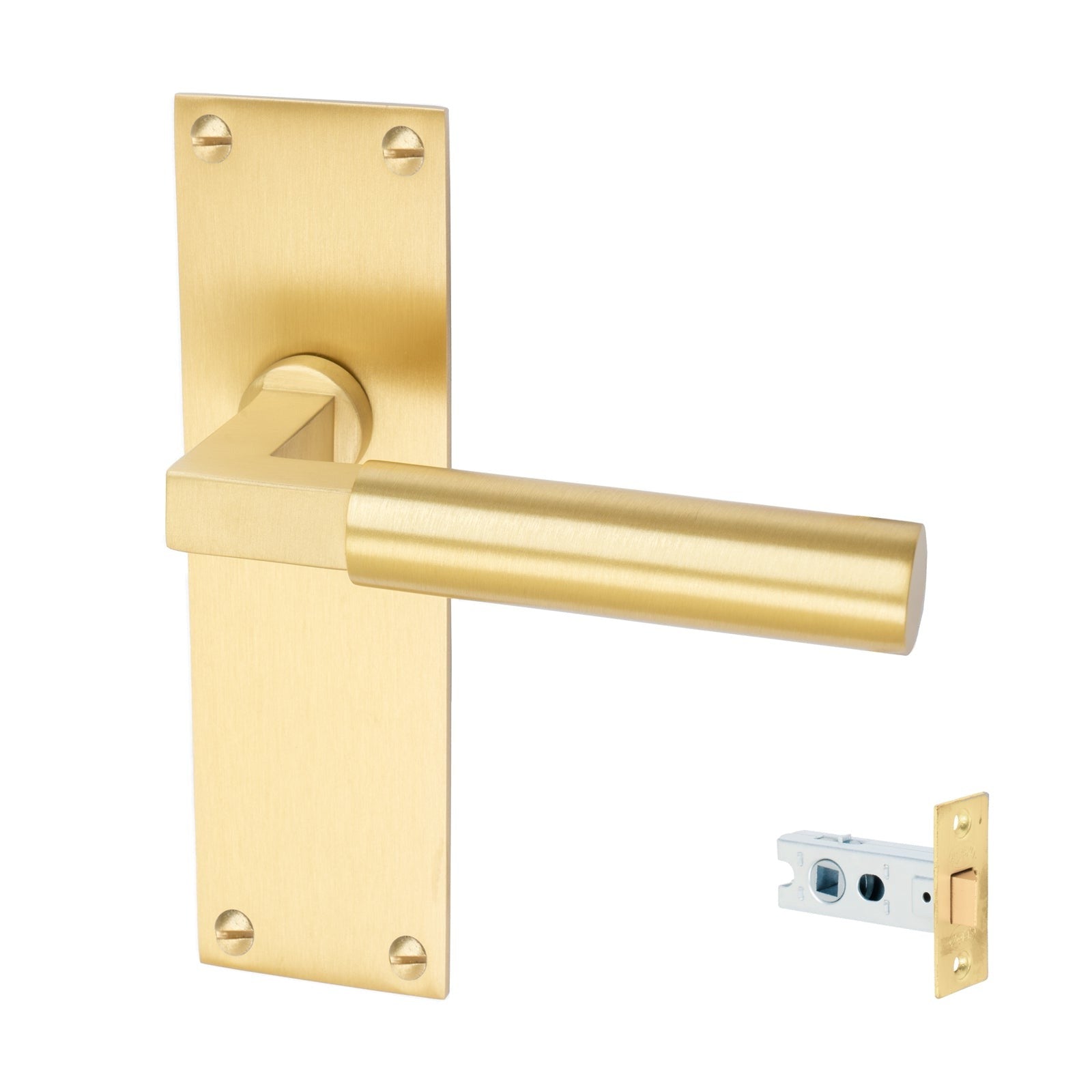 Bauhaus Door Handles On Plate Latch Handle Set in Satin Brass