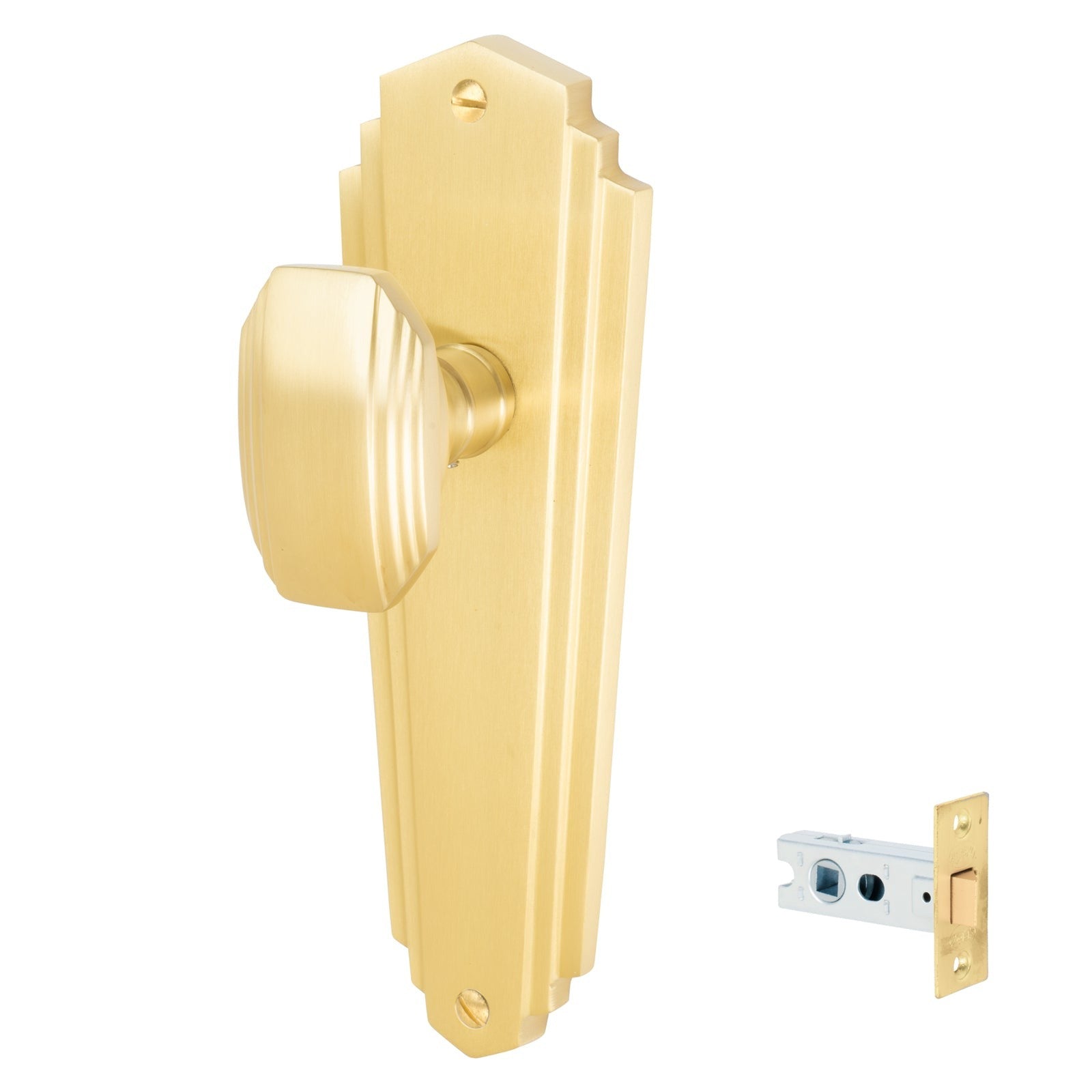 Charlston Door Handles On Plate Latch Handle Set in Satin Brass