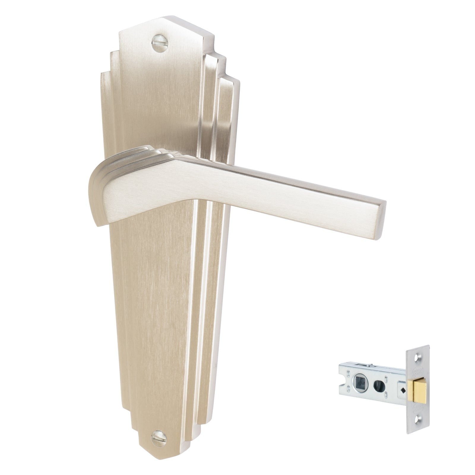 Waldorf Door Handles On Plate Latch Handle Set in Satin Nickel