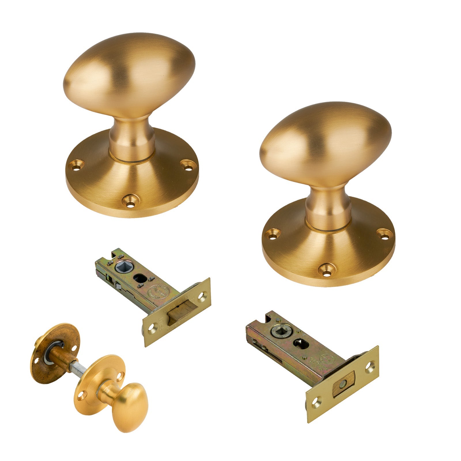 Mayfair Door Knob on Rose with Satin Brass 3 inch bathroom set