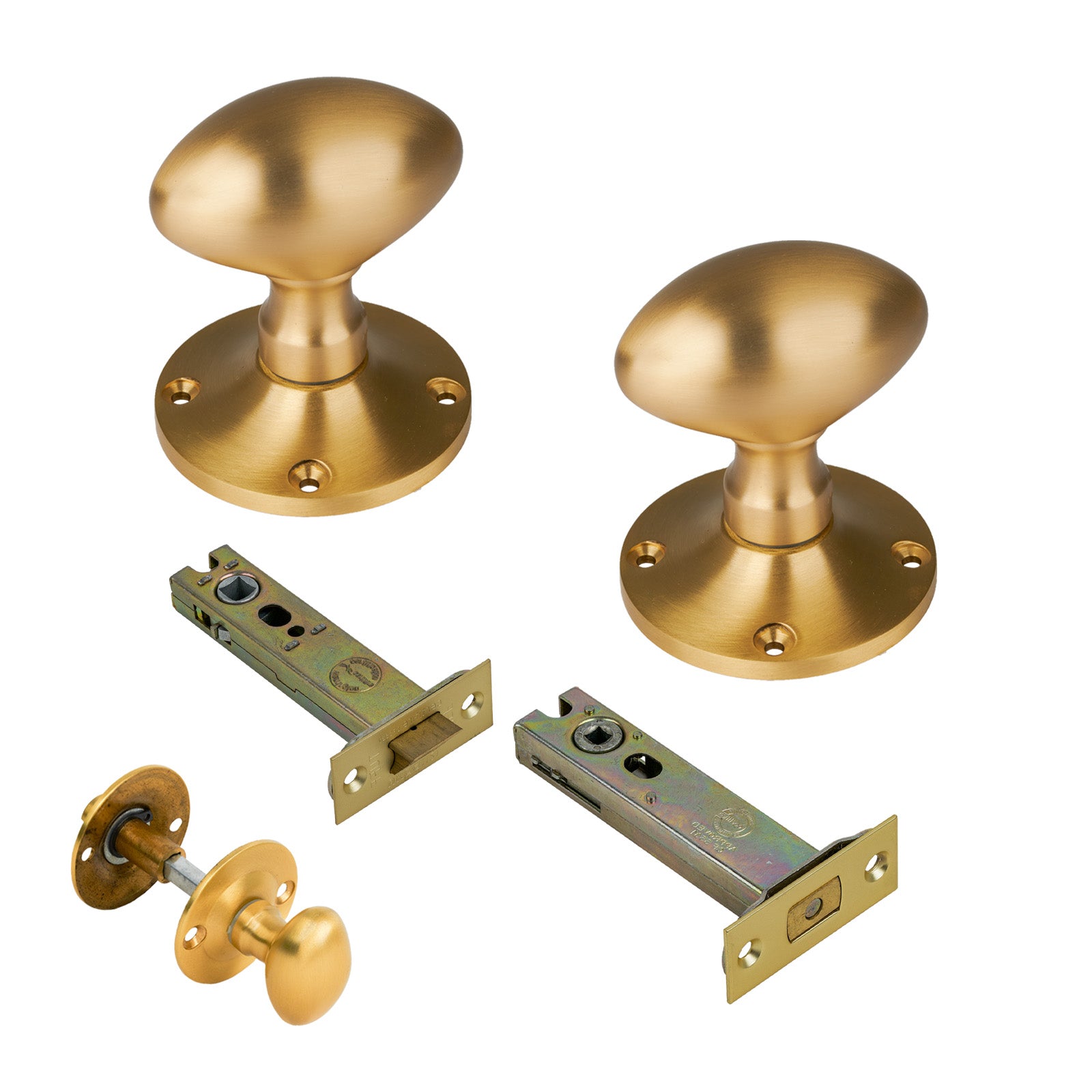 Mayfair Door Knob on Rose with Satin Brass 4 inch bathroom set