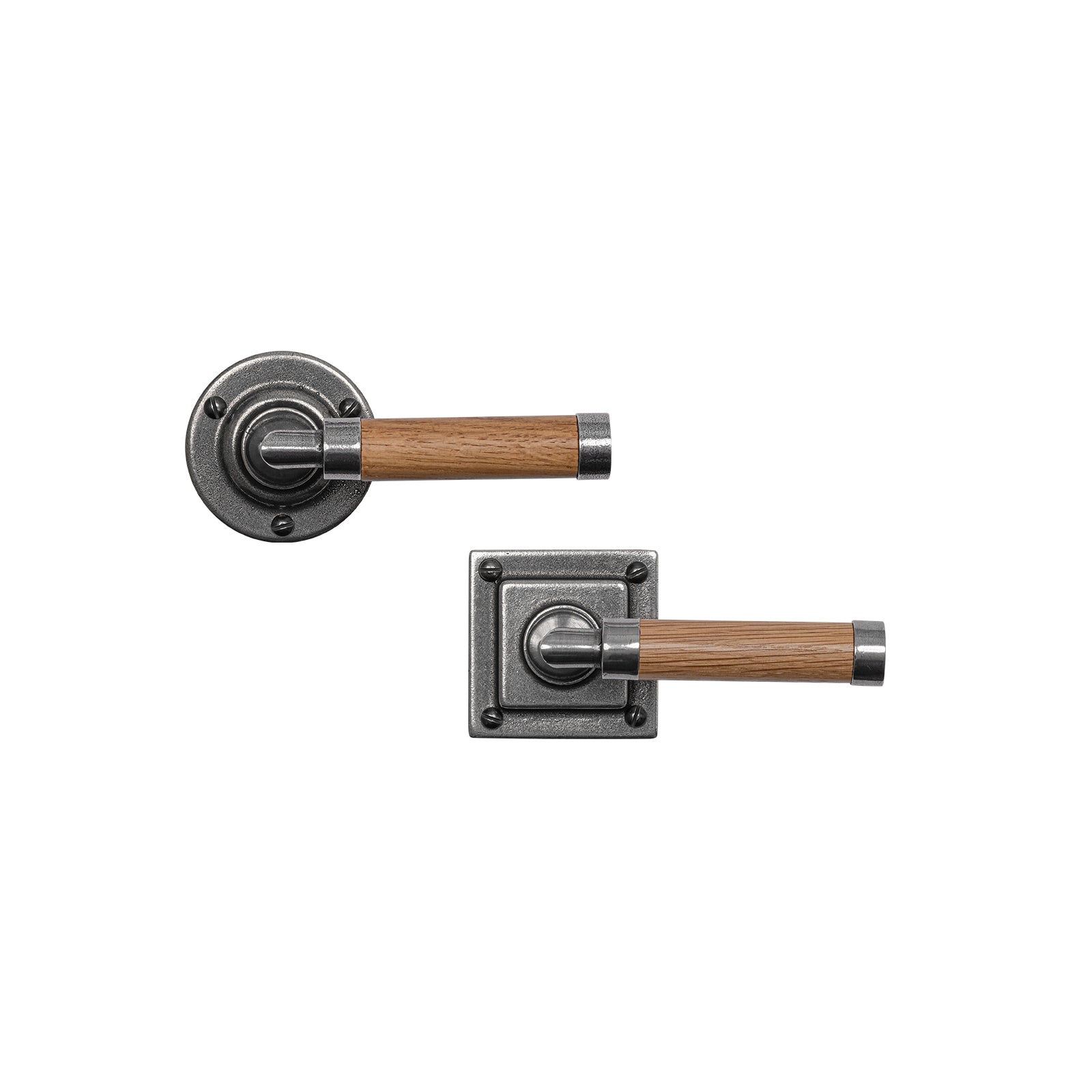 Milton Pewter & Oak Door Handles On Rose