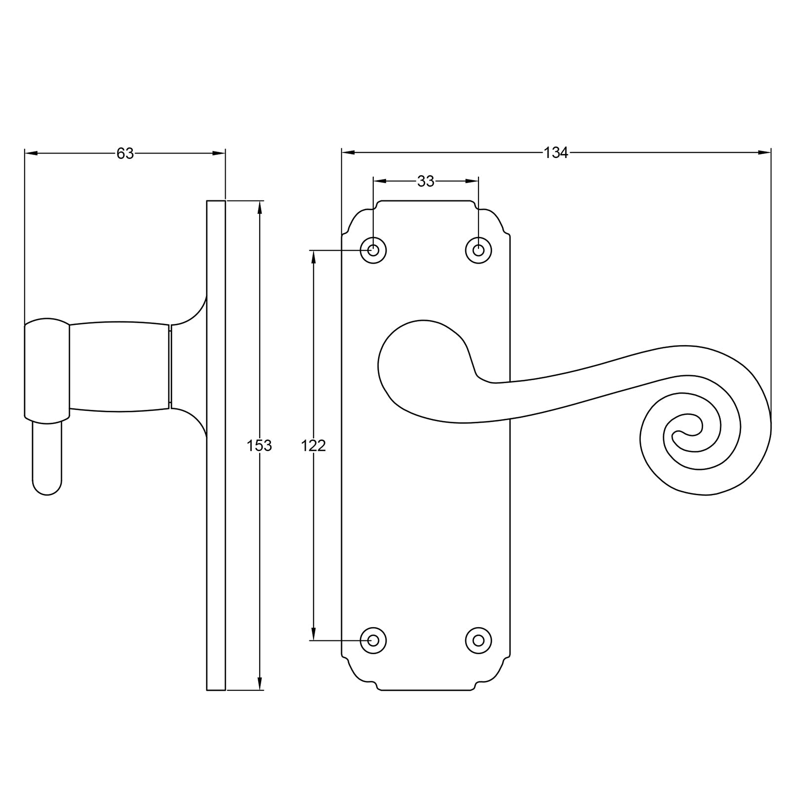 Dimension drawing for Monkey Tail Door Handle SHOW