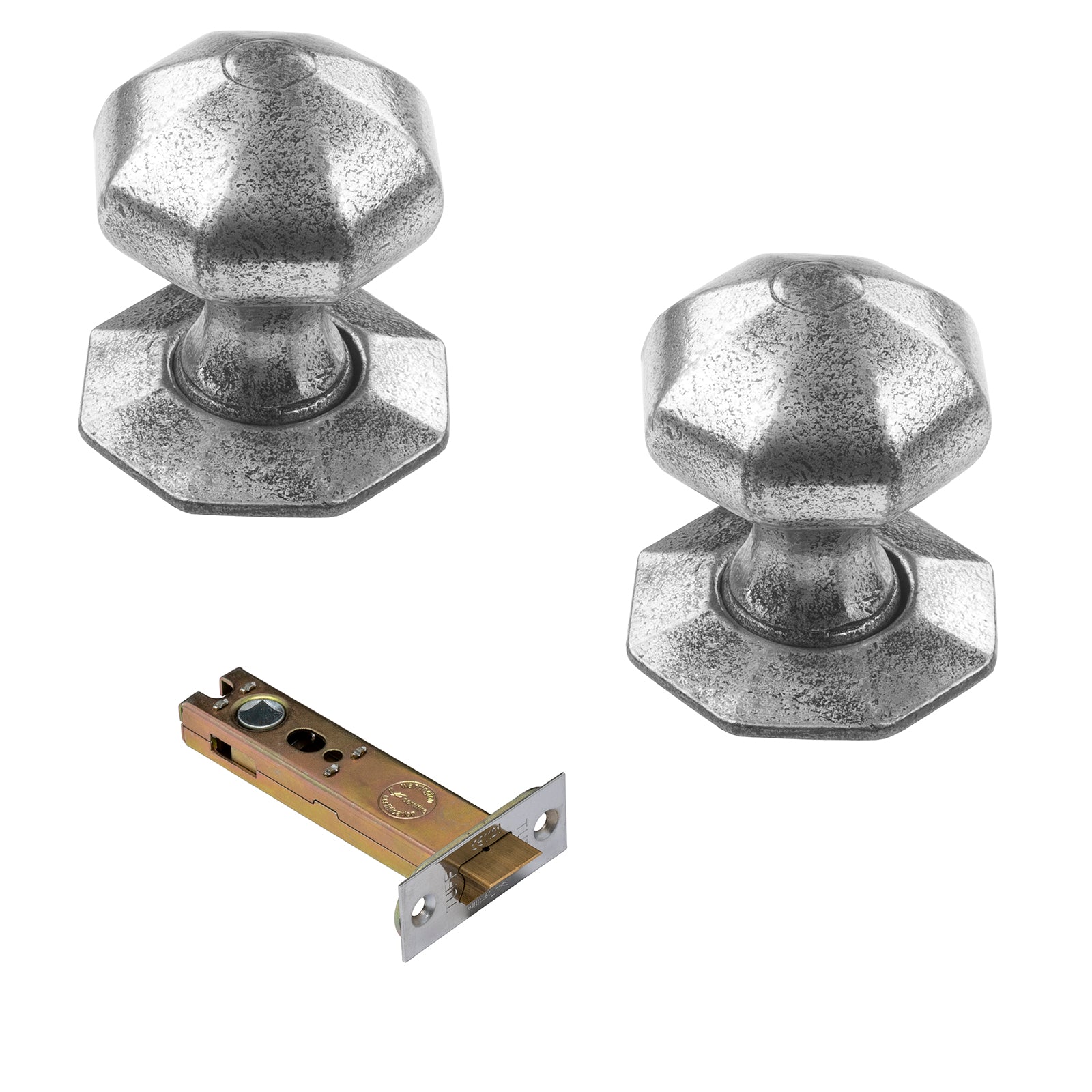 Octagonal pewter door knobs 4 inch latch set