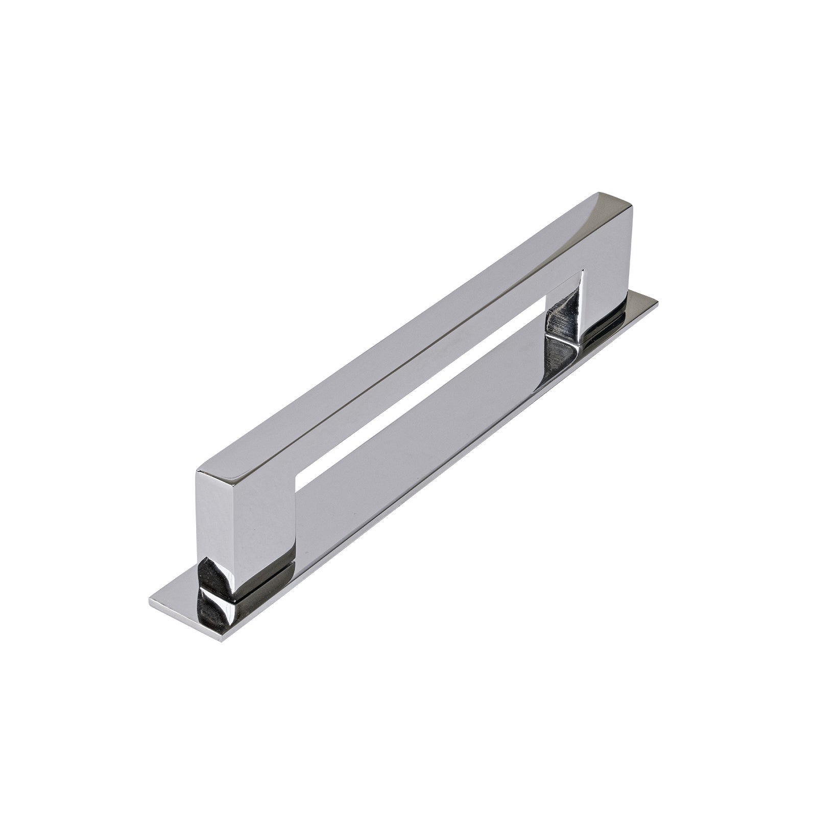 chrome geometric pull handle on backplate, modern kitchen pull handle