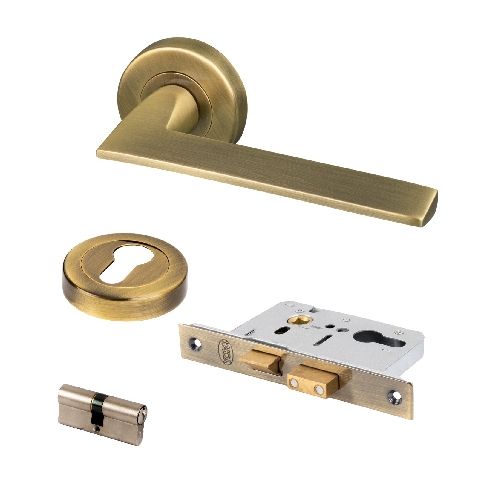 aged brass Pyramid lever on rose handles Euro lock set