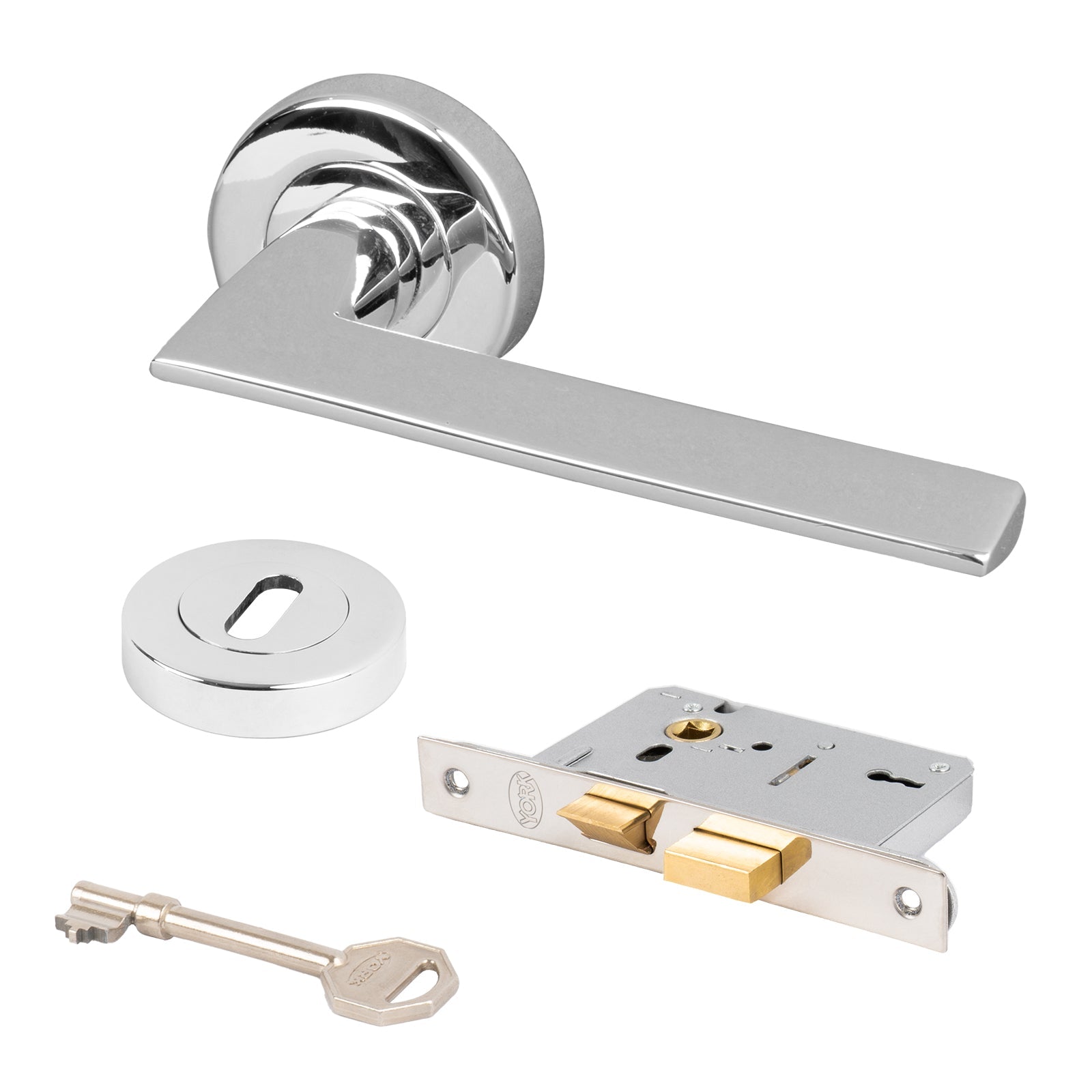 chrome Pyramid round rose door handles 3 lever lock set and keyhole cover