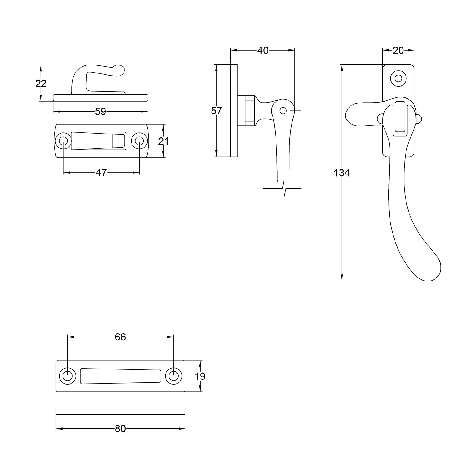 dimension drawing of pear drop window fastener SHOW