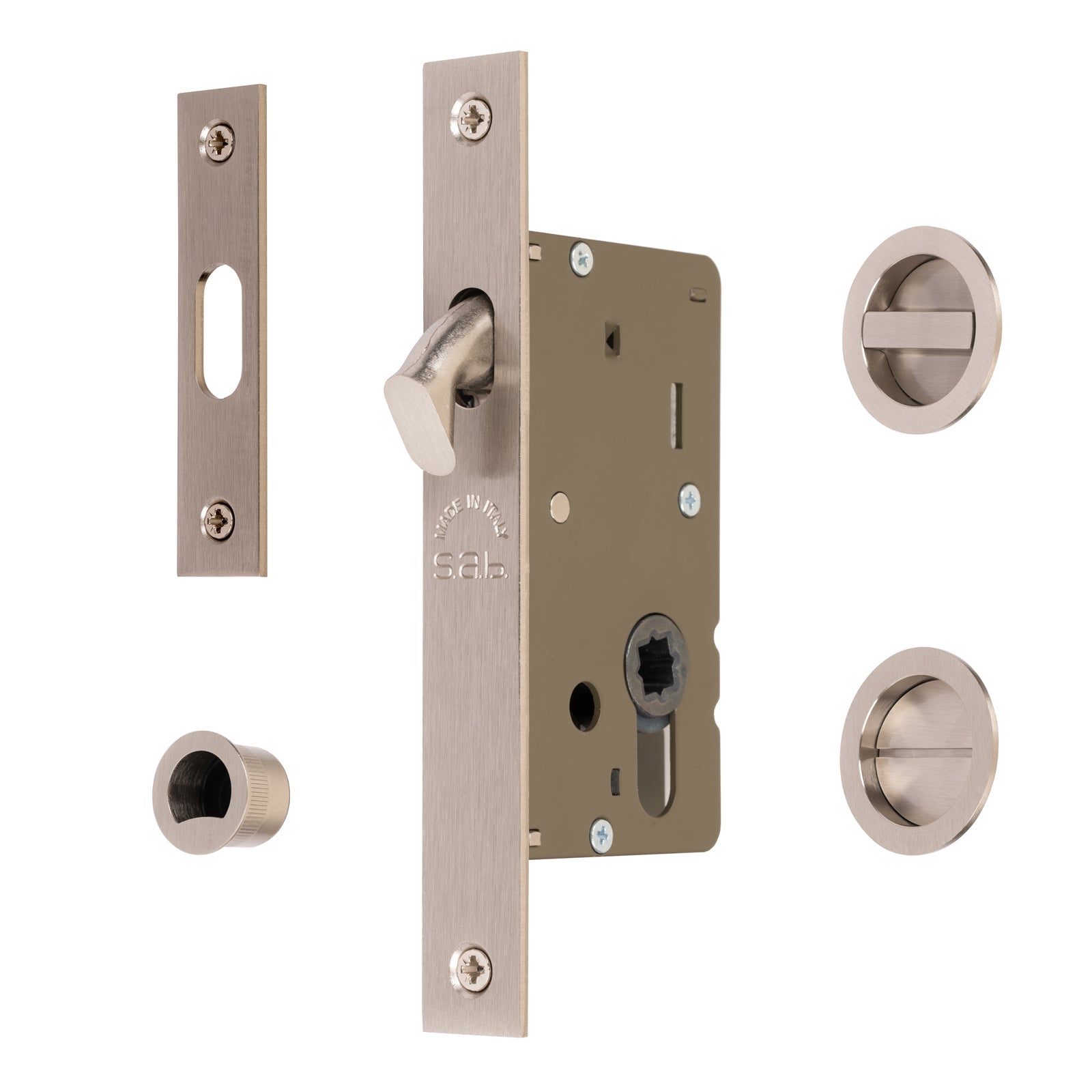 sliding door bathroom lock set in satin nickel