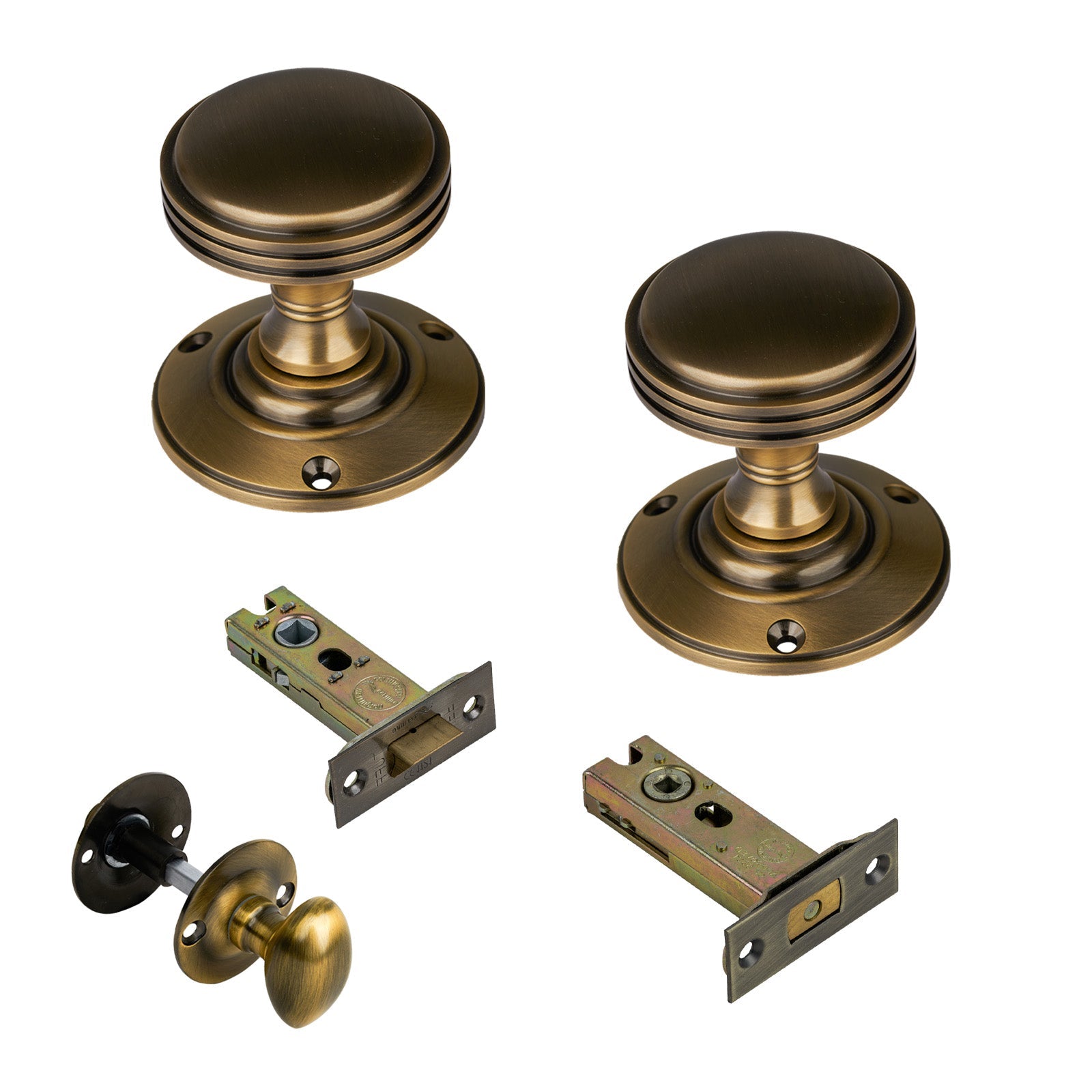 Richmond Door Knob on Rose with Aged Brass 3 inch bathroom set