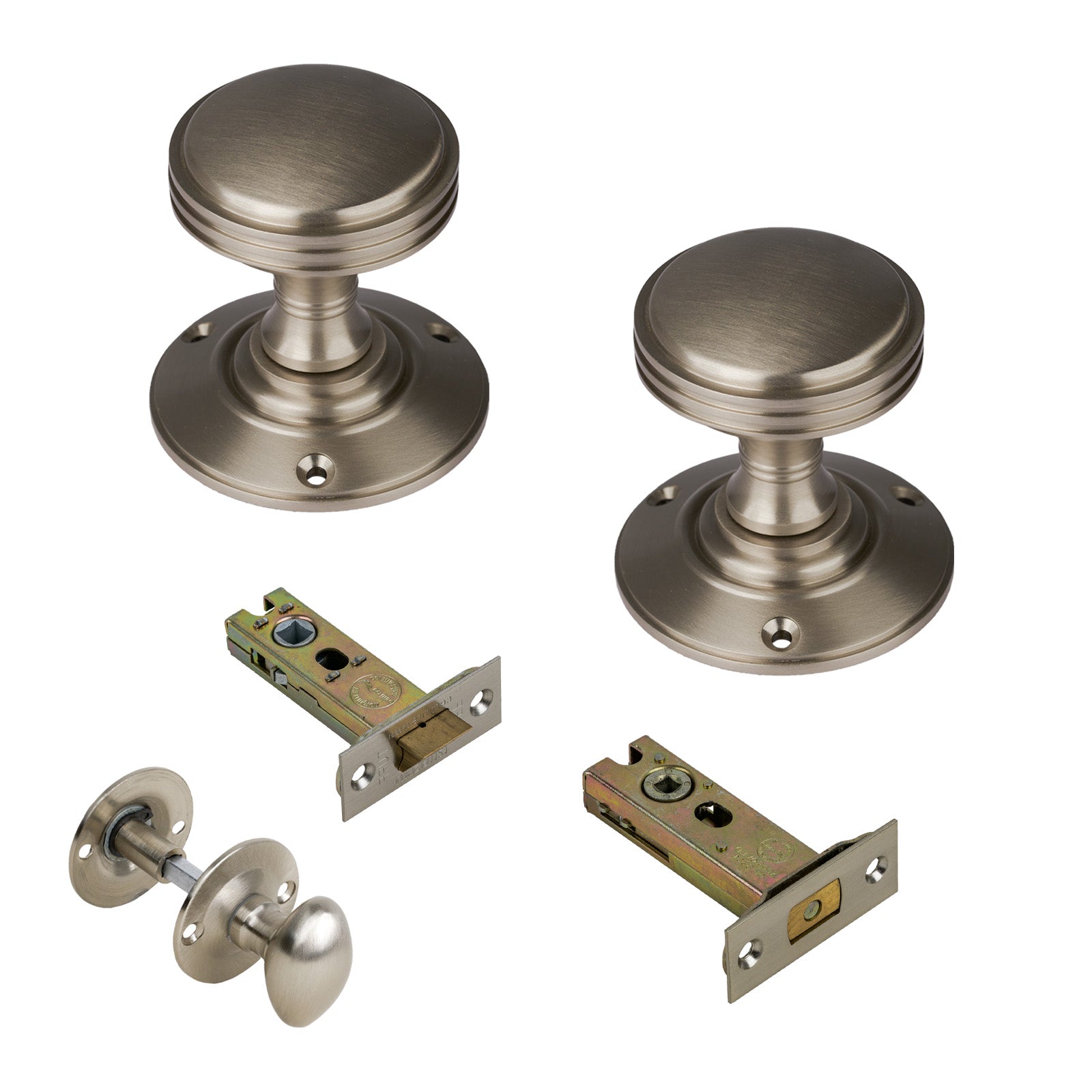 Richmond Door Knob on Rose with Satin Nickel 3 inch bathroom set