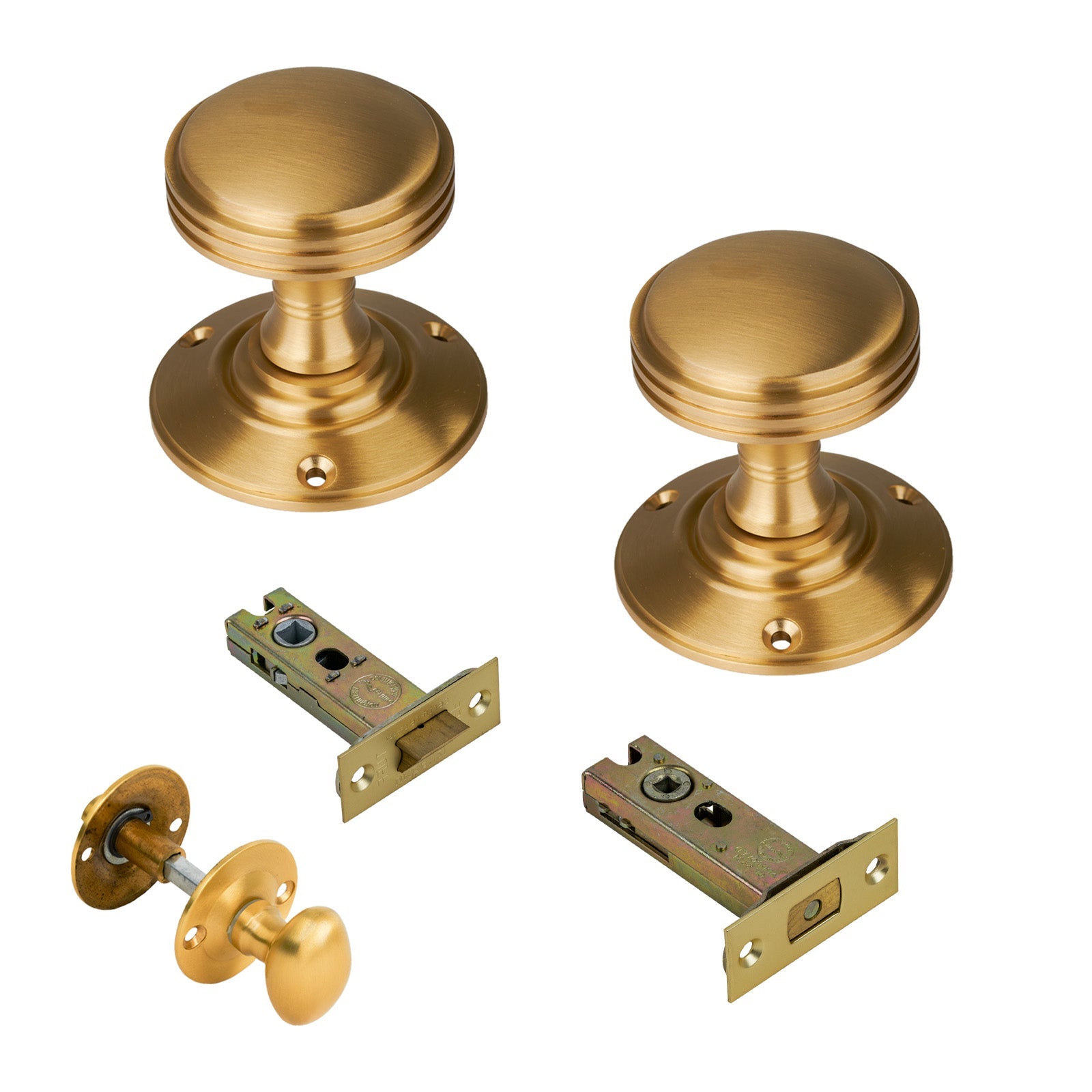 Richmond Door Knob on Rose with Satin Brass 3 inch bathroom set