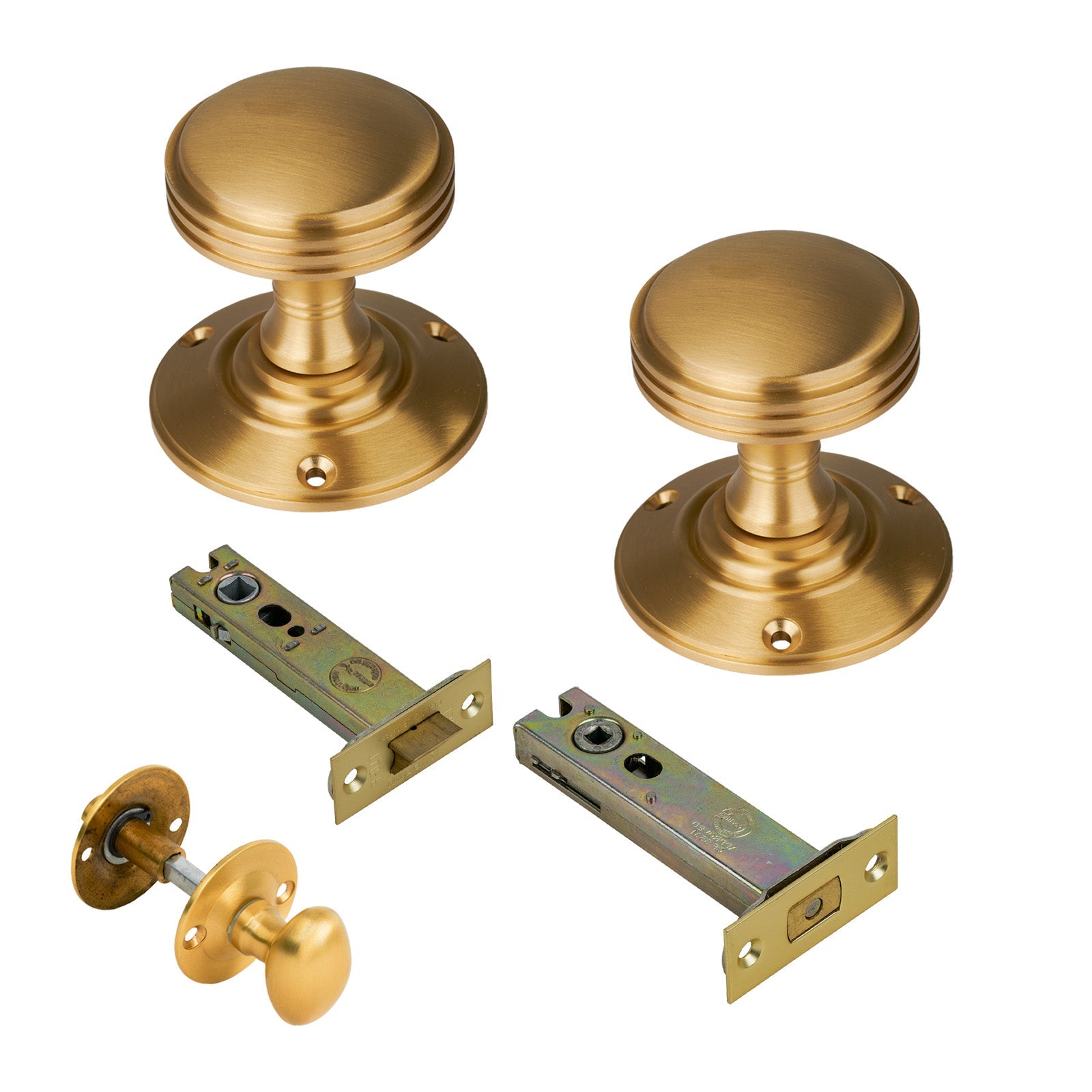 Richmond Door Knob on Rose with Satin Brass 4 inch bathroom set