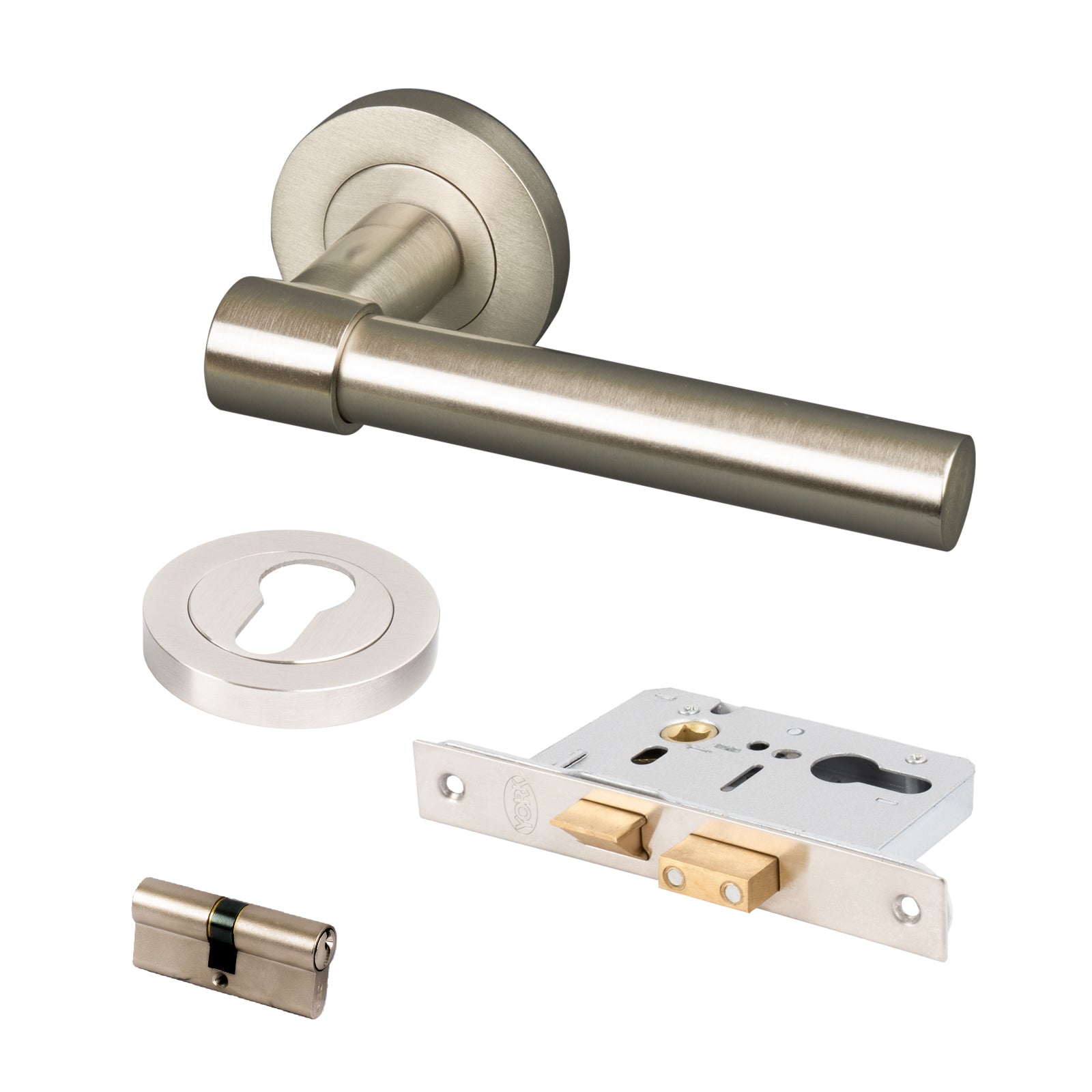 satin nickel door handle on round rose Euro lock front door set