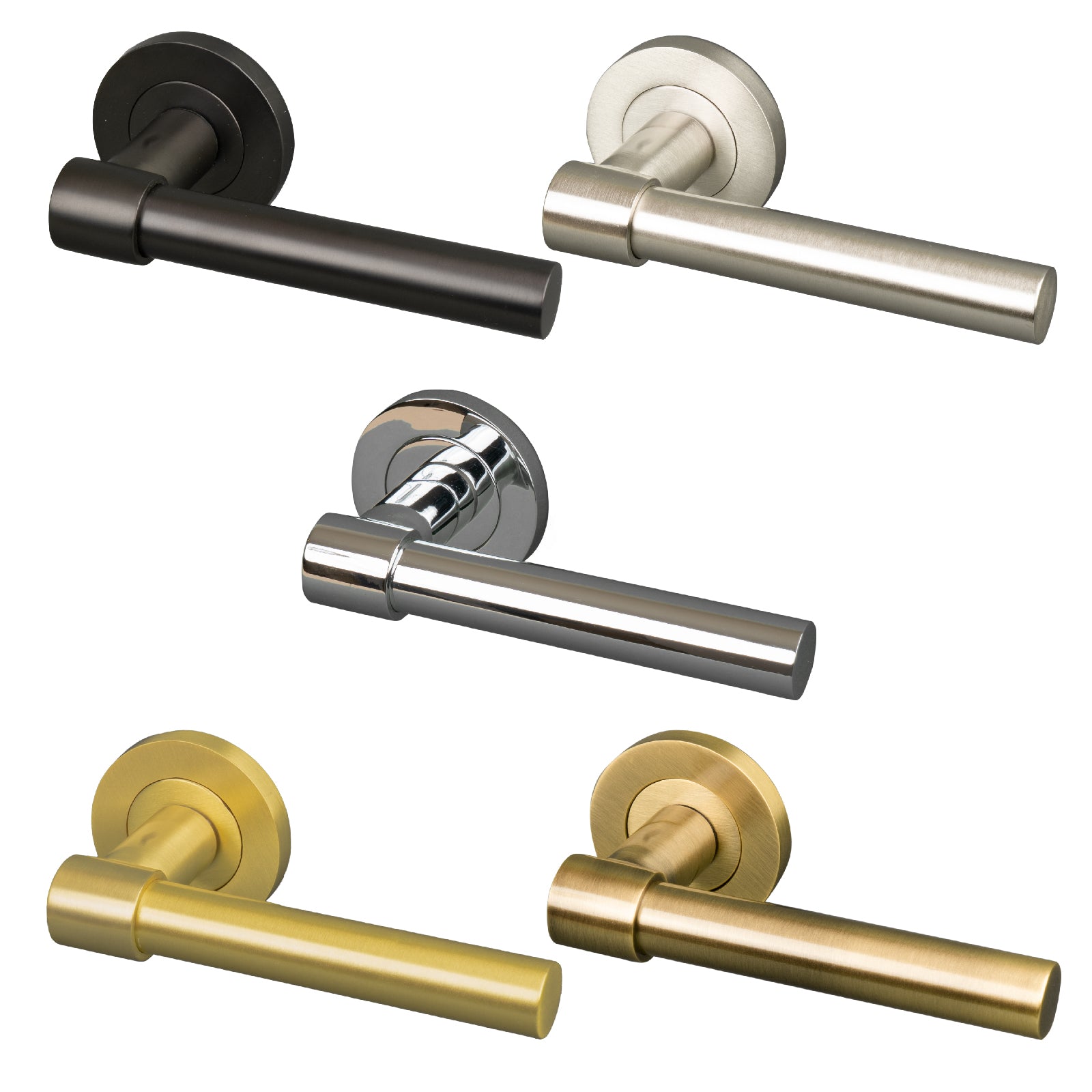 Phoenix Round Rose Door Handles, modern lever on rose, solid brass handles