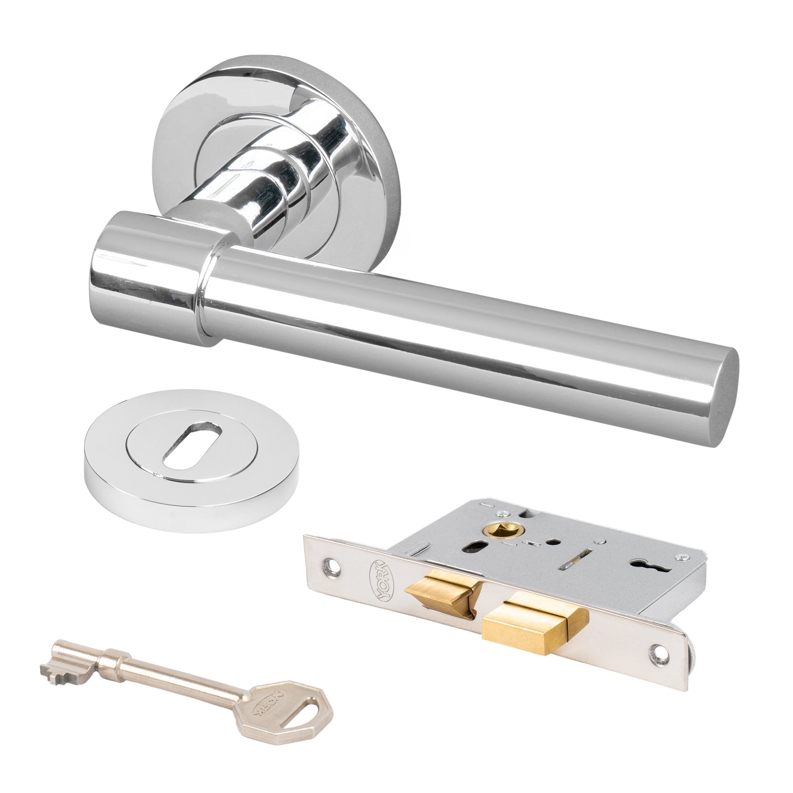 chrome Phoenix door handles on rose 3 lever lock set with escutcheon