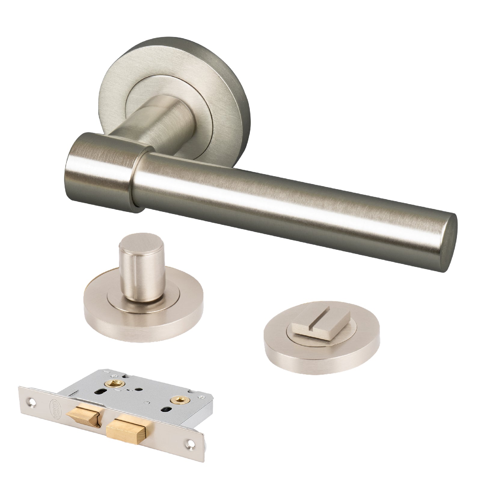 satin nickel door handle on round rose bathroom lock latch set