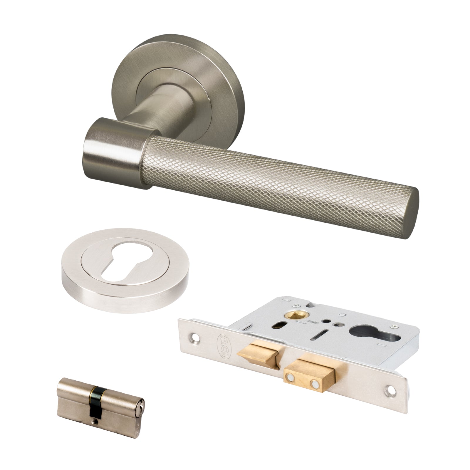 satin nickel knurled lever on rose handles front door lock set