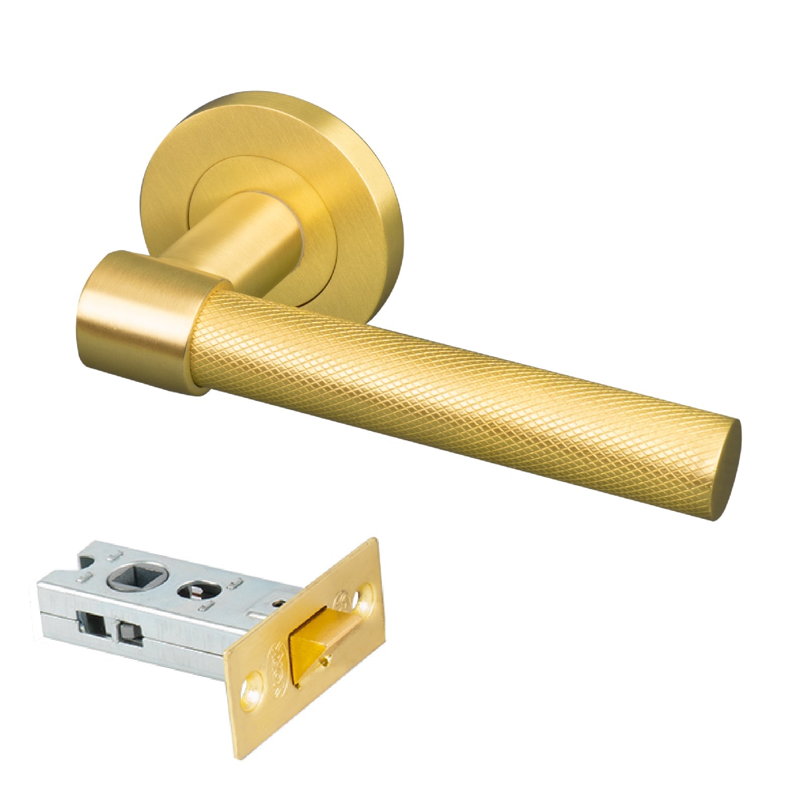 satin brass knurled lever round rose handle 2.5 inch latch set