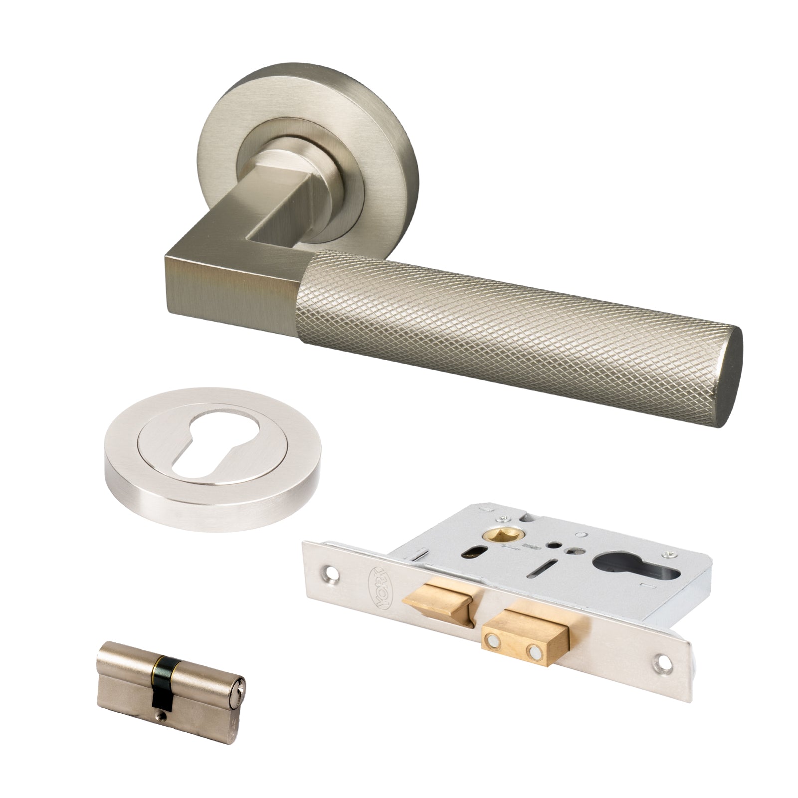 satin nickel knurled straight bar lever handle on rose front door lock set