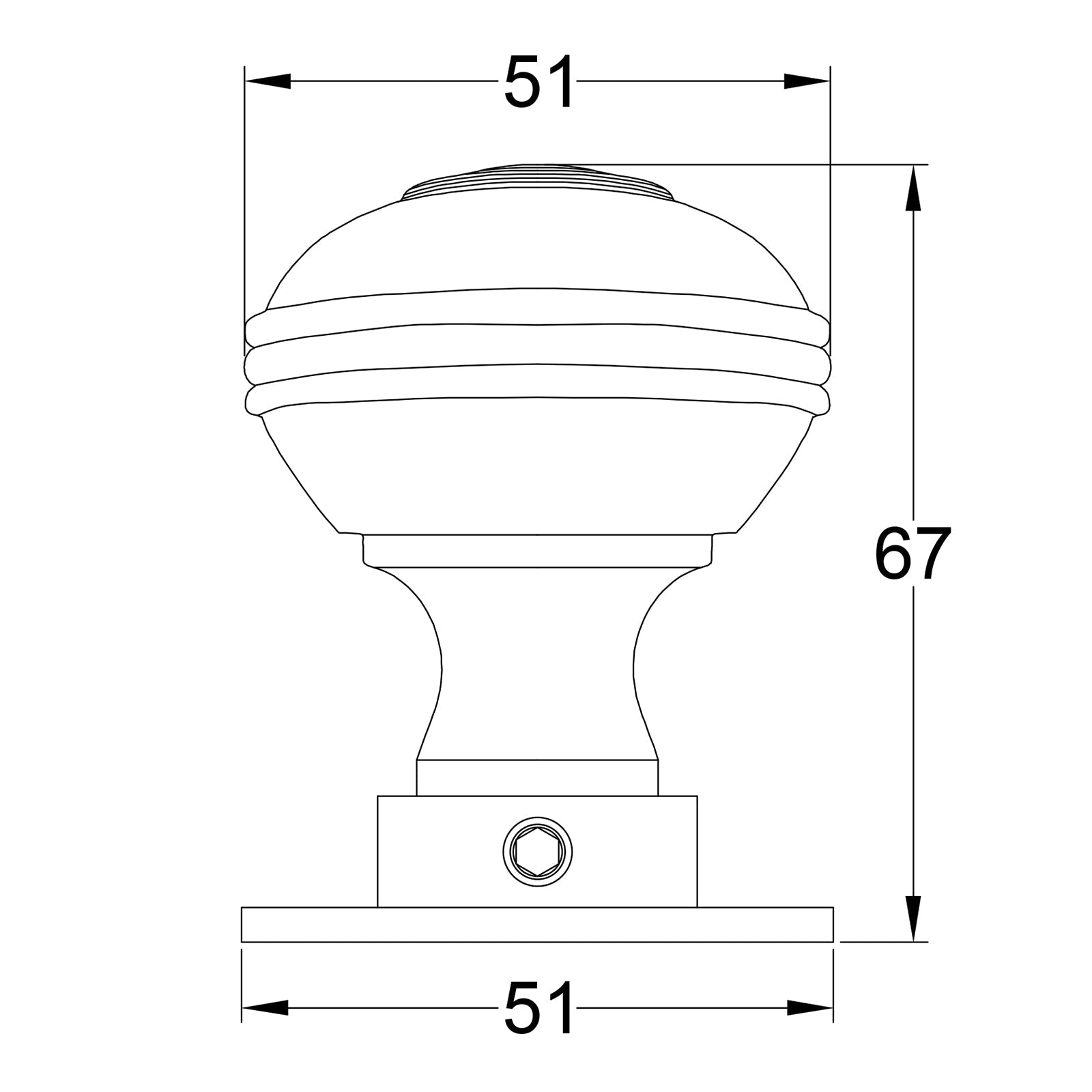 Dimension Drawing for Ringed Brass Door Knob SHOW