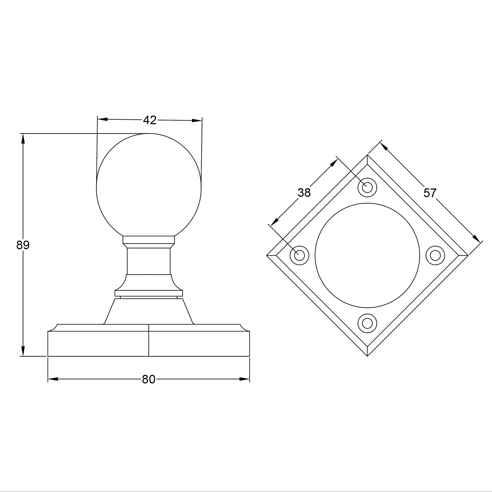 Dimension drawing of Diamond Rose Round Door Knob SHOW