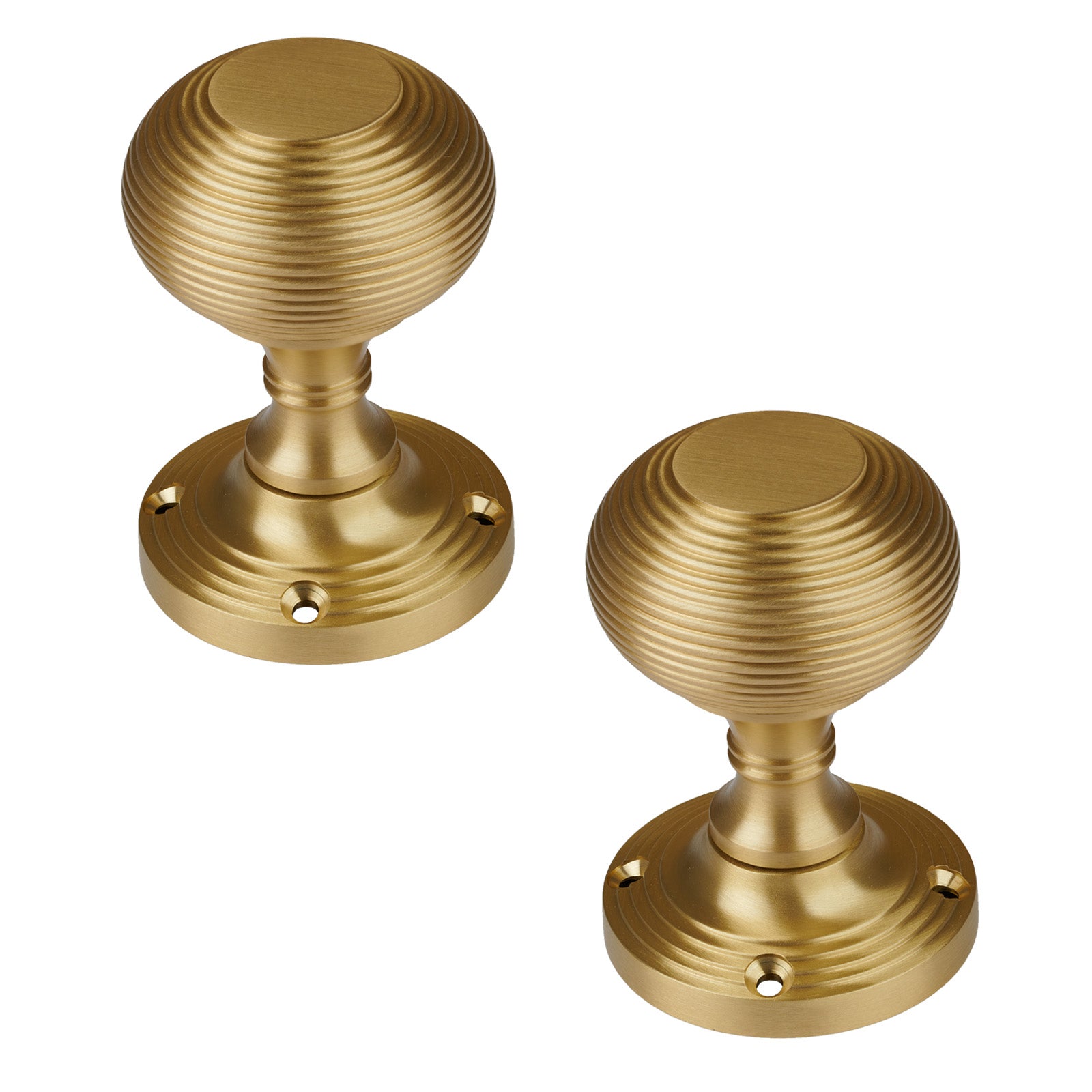 SHOW Reeded Door Knob on Rose in Satin Brass finish