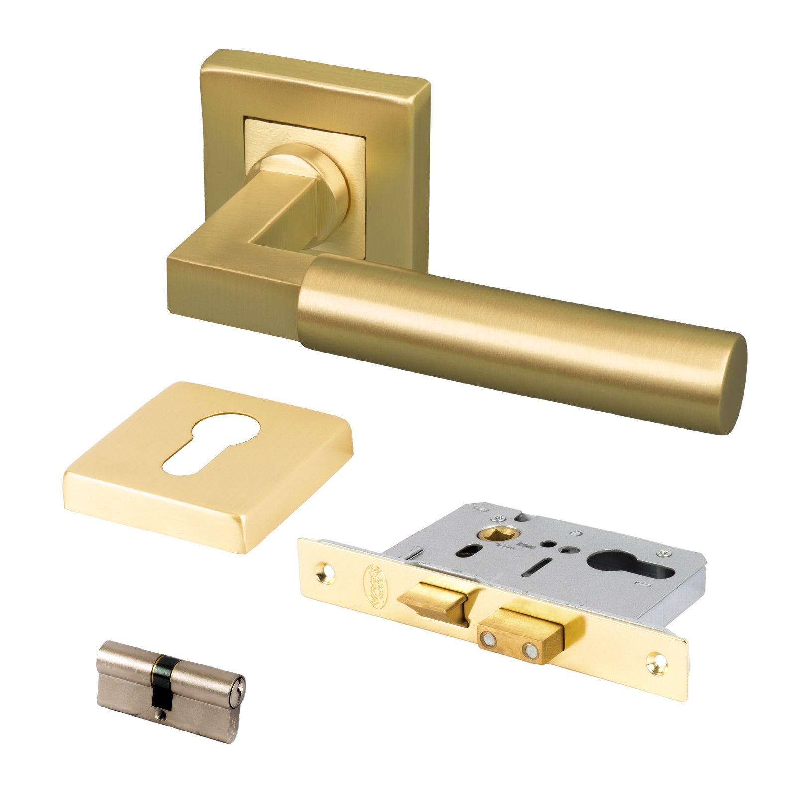 satin brass square rose door handles euro lock escutcheon set