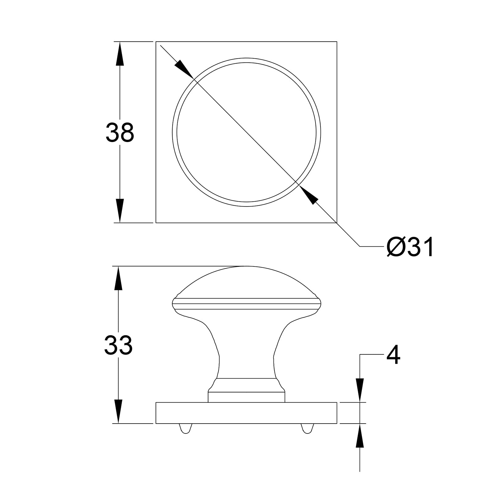 Hand Beaten Cabinet Knobs On Square Backplate dimension drawing SHOW