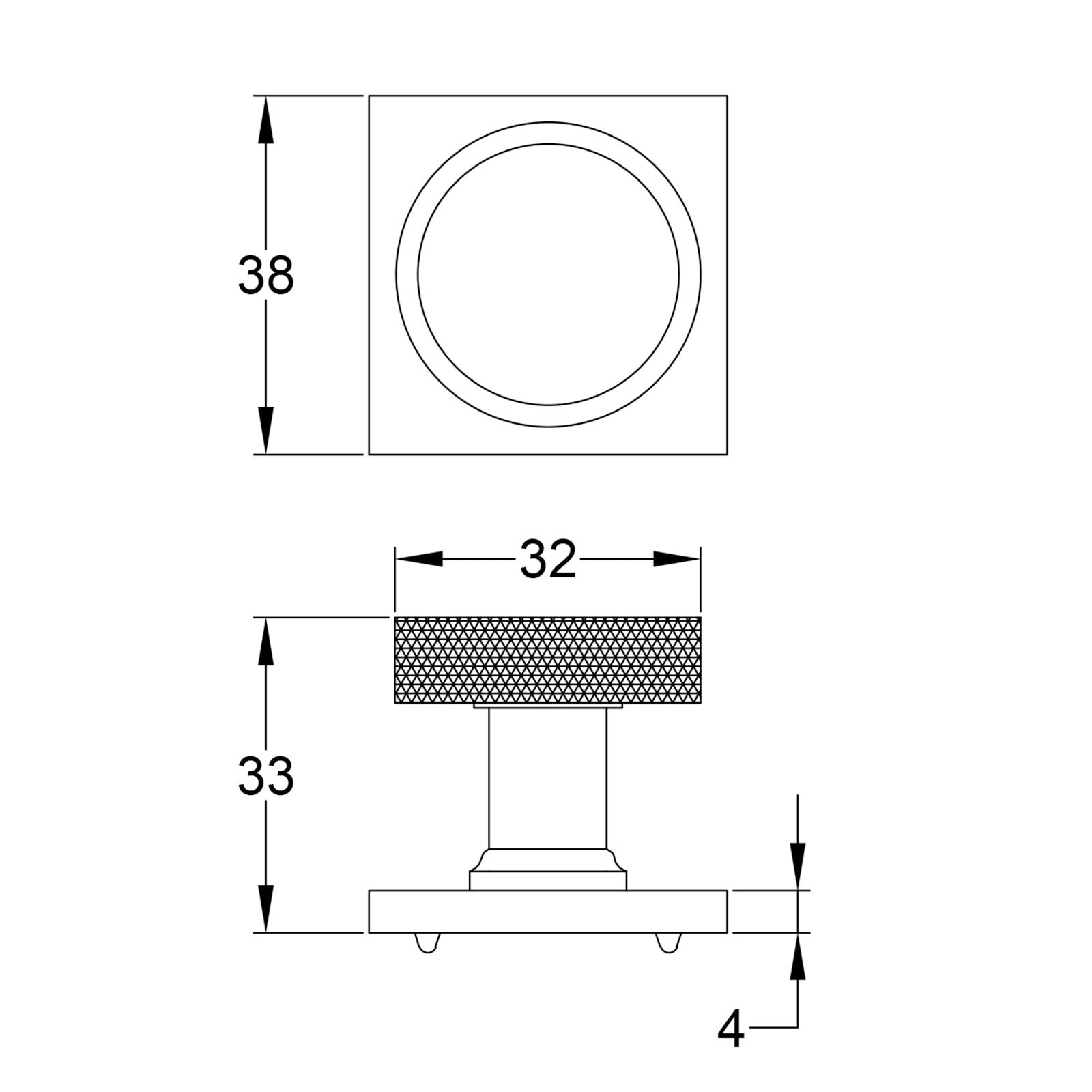 Florence Knurled Cabinet Knobs On Square Backplate dimension drawing SHOW