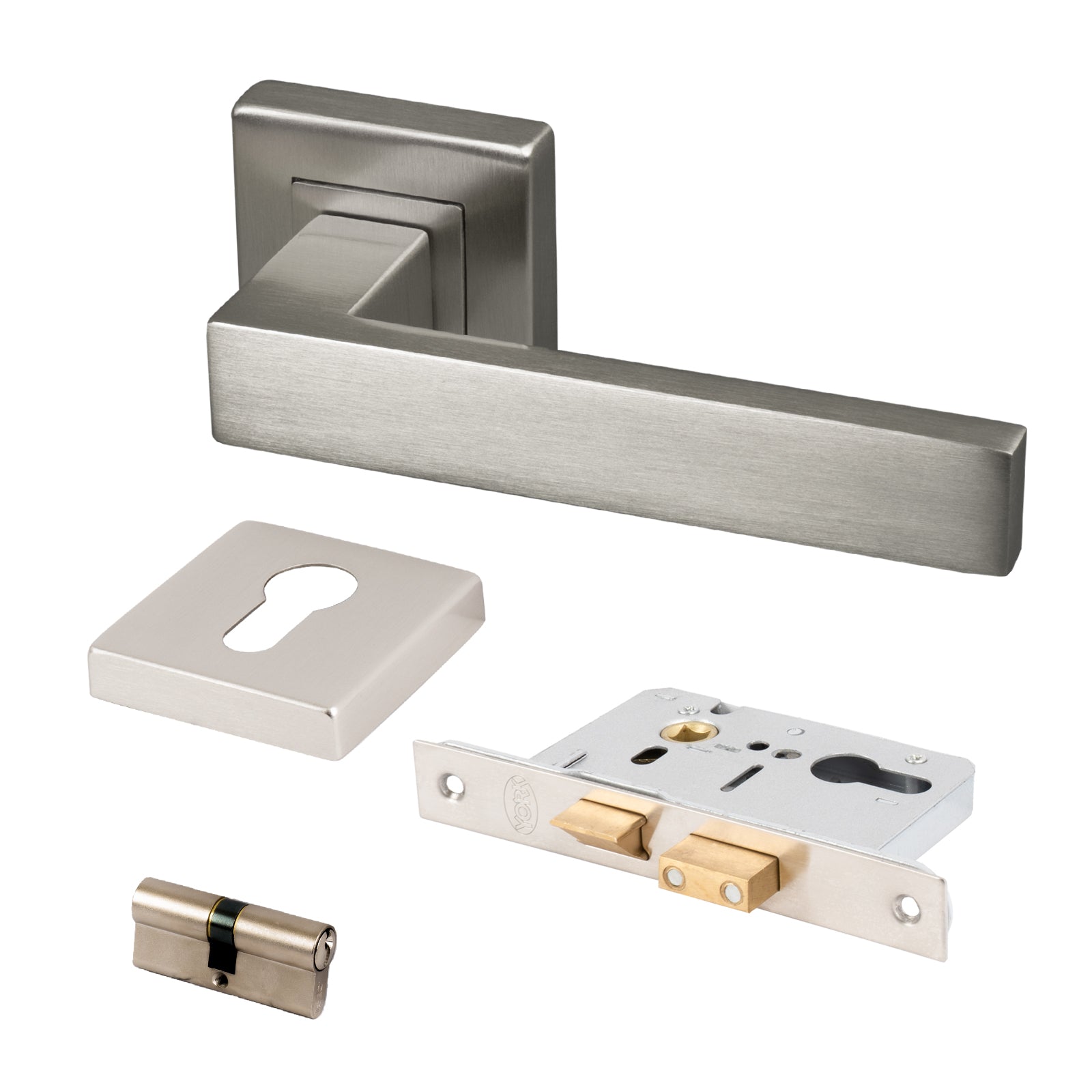 satin nickel modern square rose door handle euro lock set