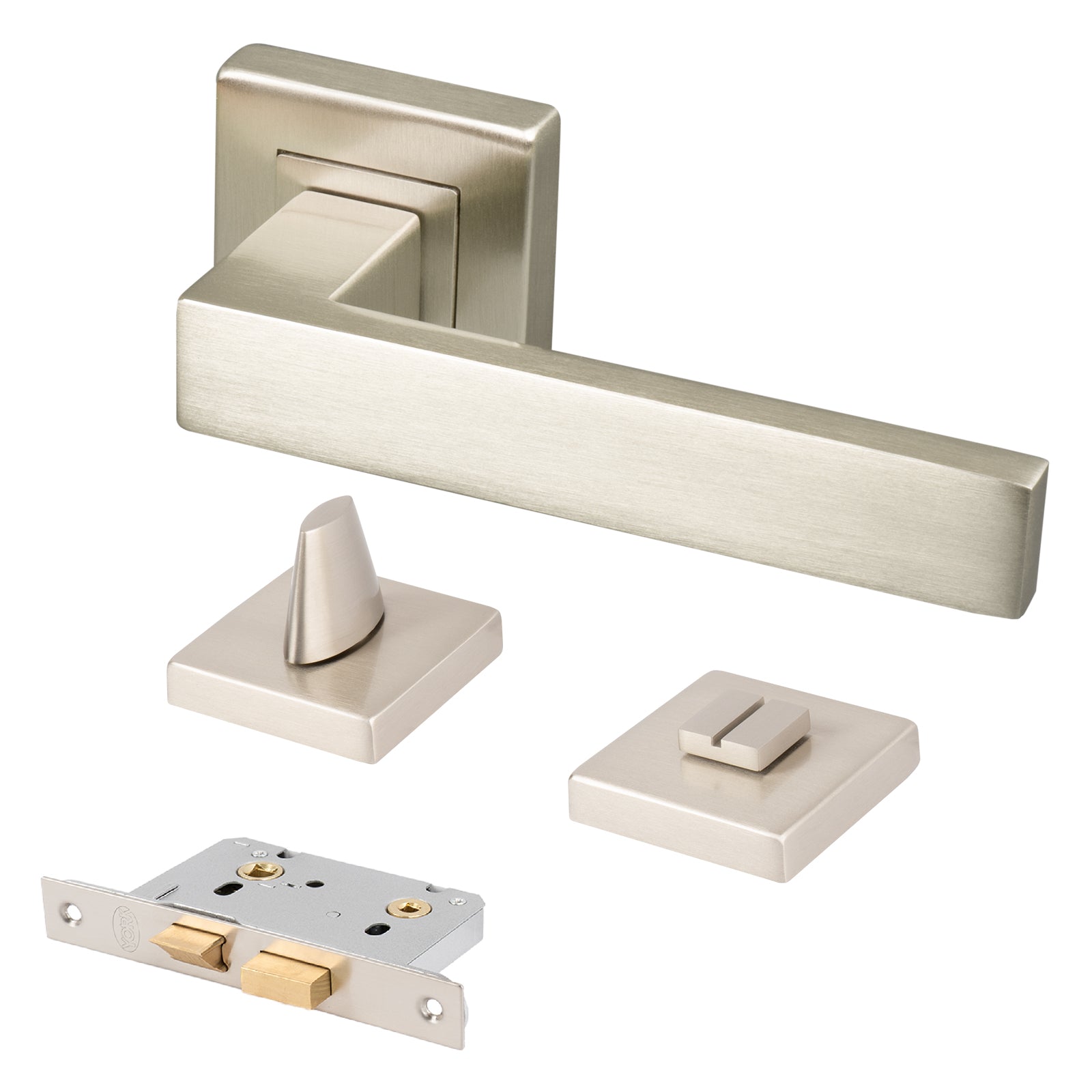 satin nickel modern square rose door handle bathroom lock latch set