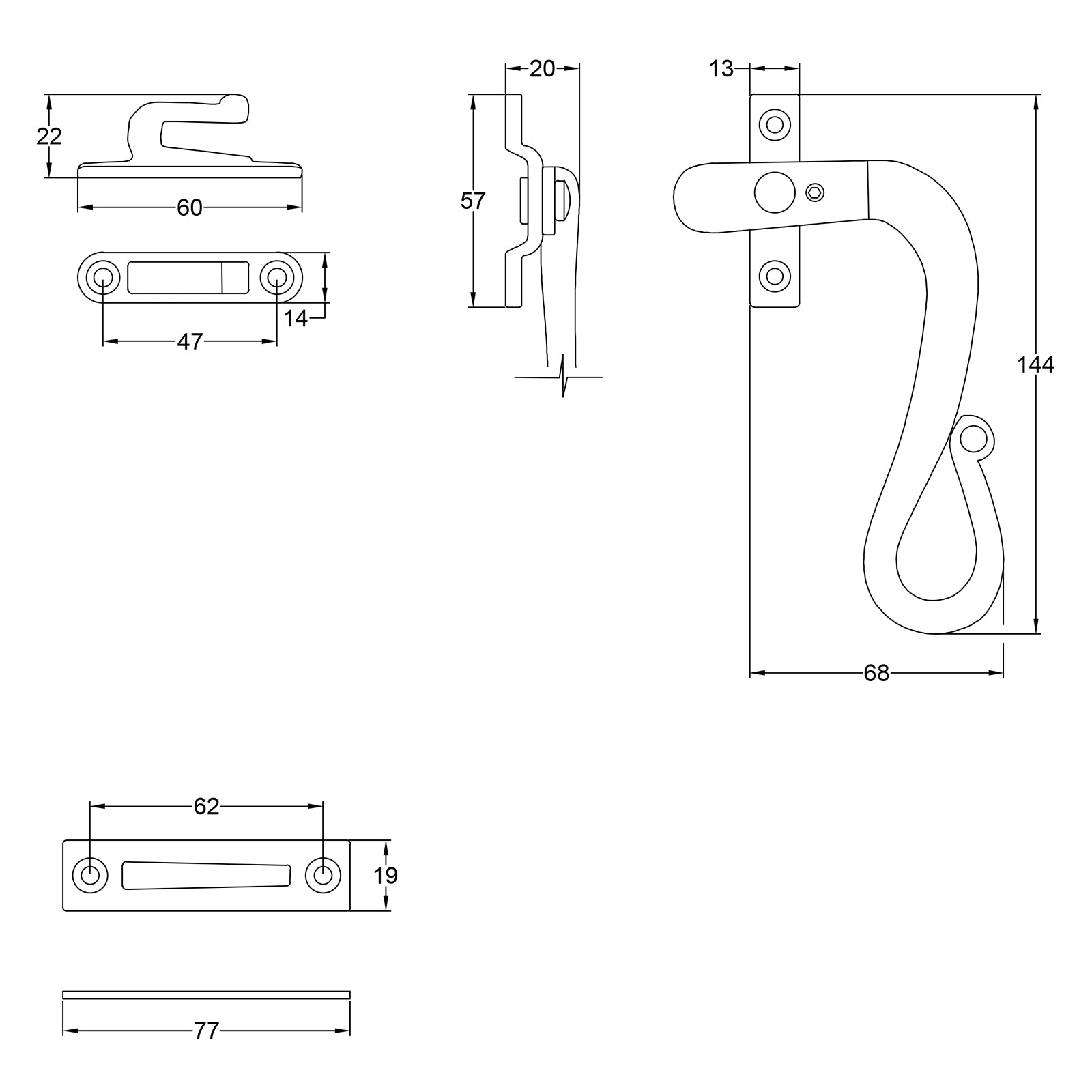 Black Shepherds Crook Window Fastener dimension drawing SHOW