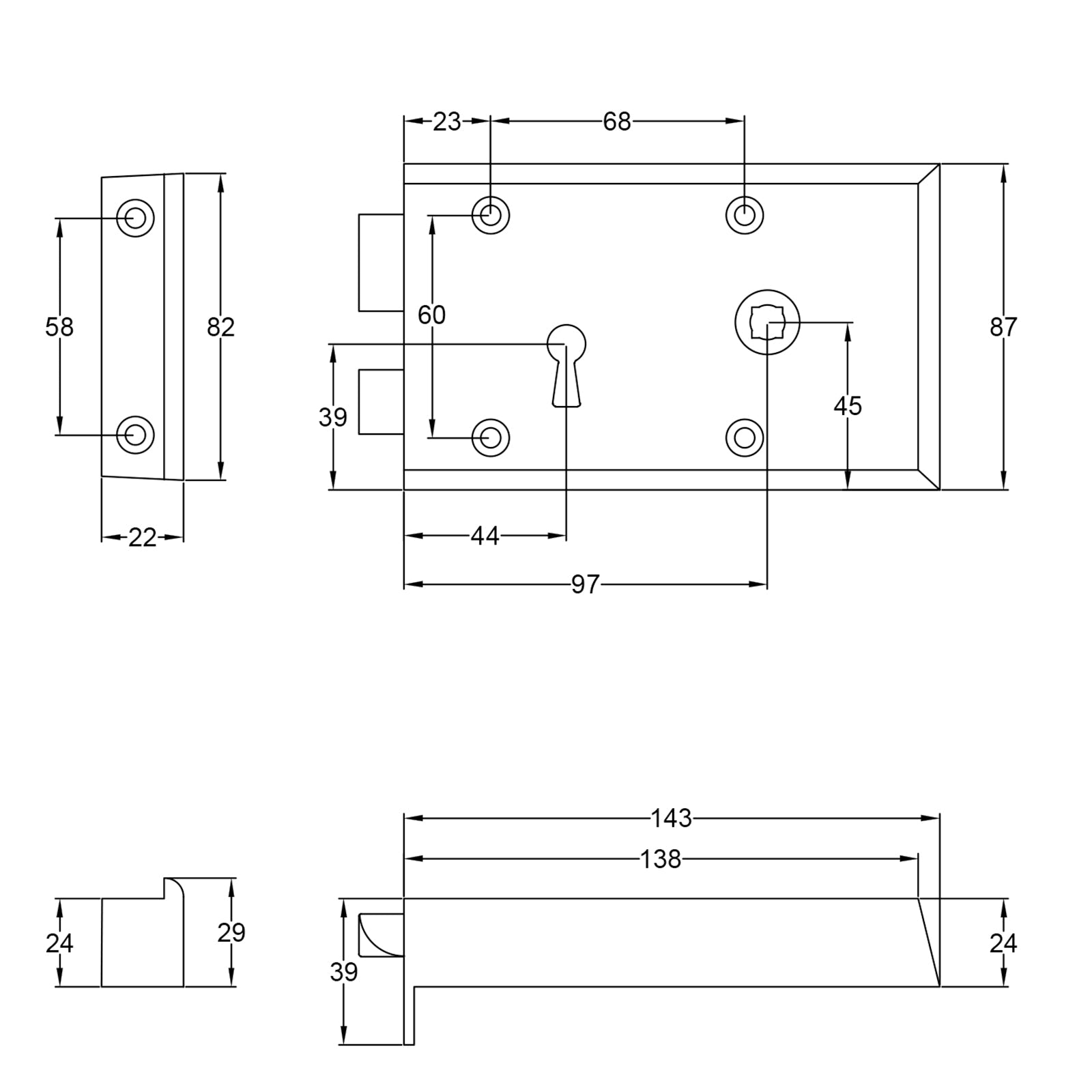 SHOW Thumbnail Drawing of Small Brass Rim Lock