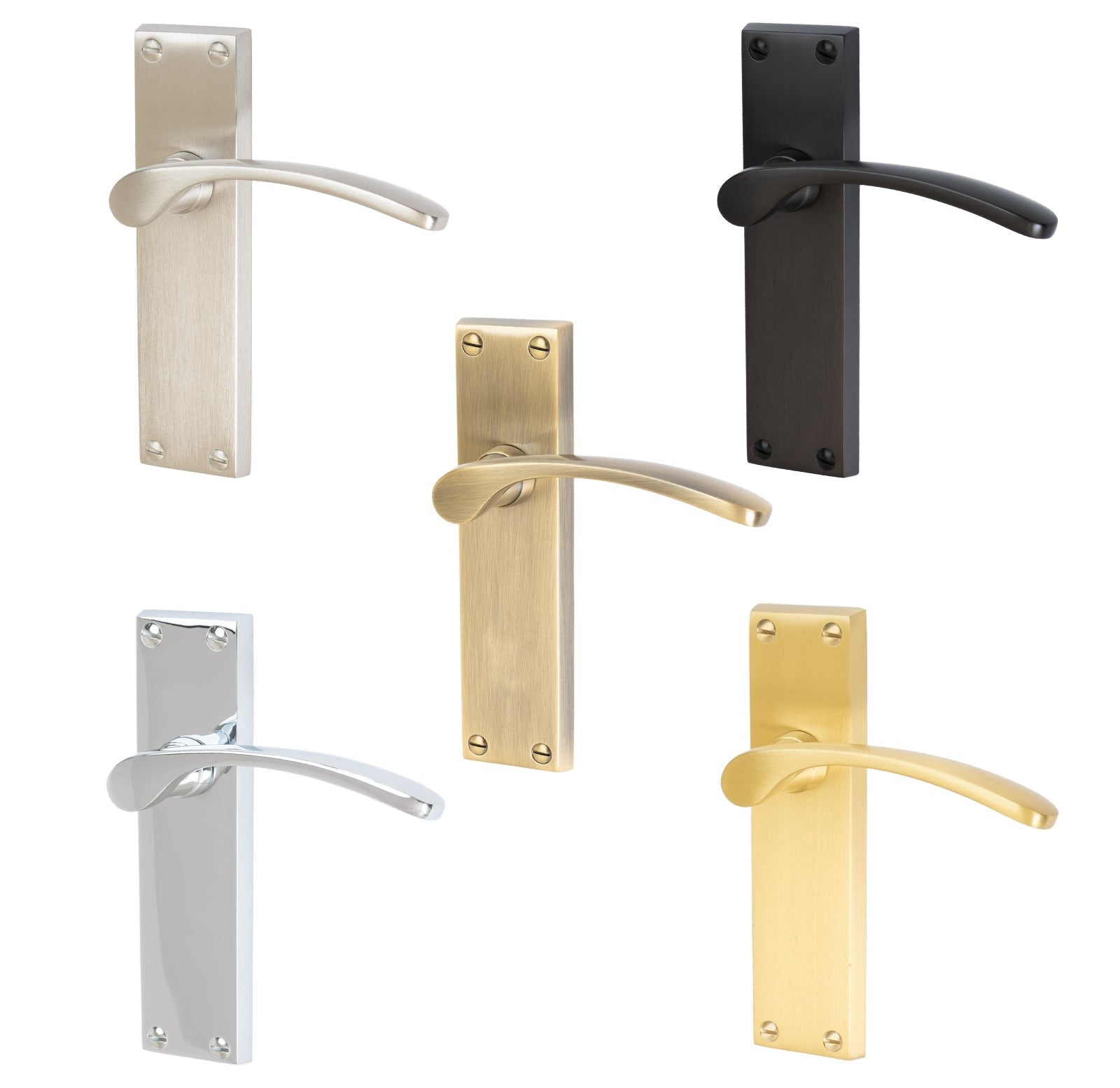 Sophia Door Handles On Plate Latch Handle in Matt Bronze, Satin Nickel, Polished Chrome, Satin Brass and Aged Brass.