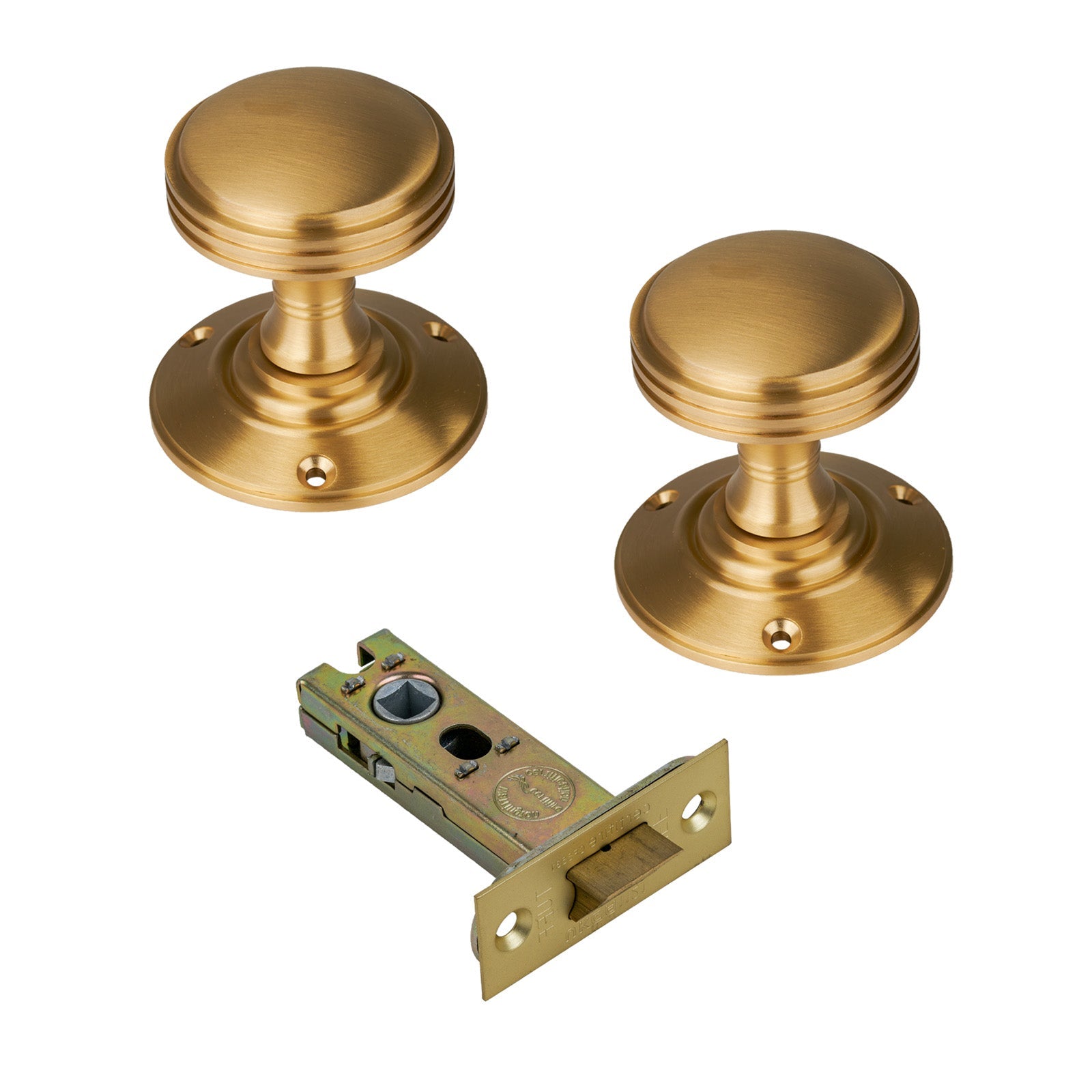 Richmond Door Knob on Rose with Satin Brass 3 inch latch set