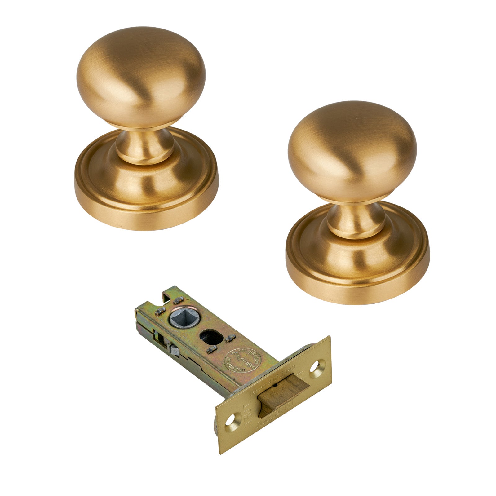 Hampstead Door Knob on Rose with Satin Brass 3 inch latch set