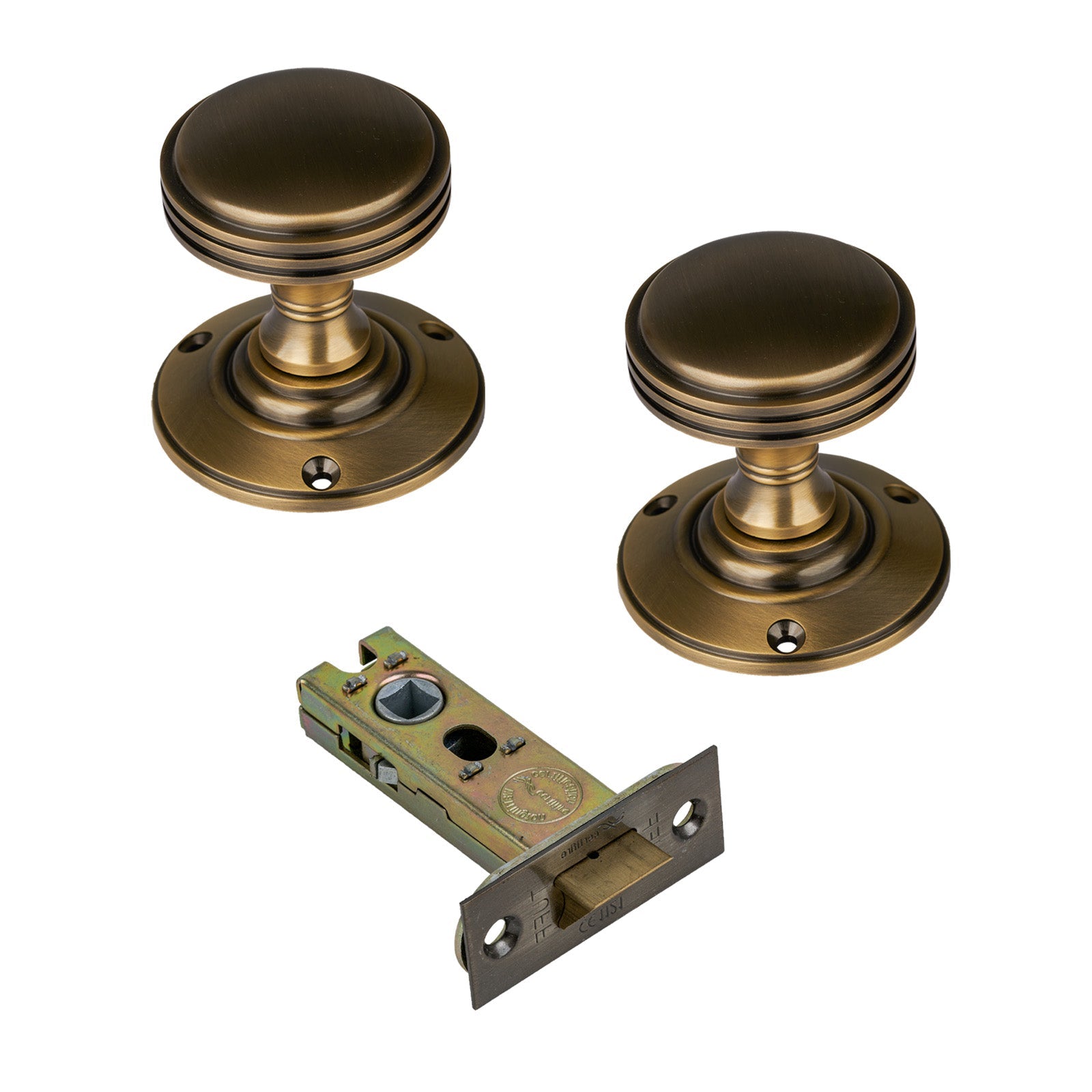 Richmond Door Knob on Rose with Aged Brass 3 inch latch set