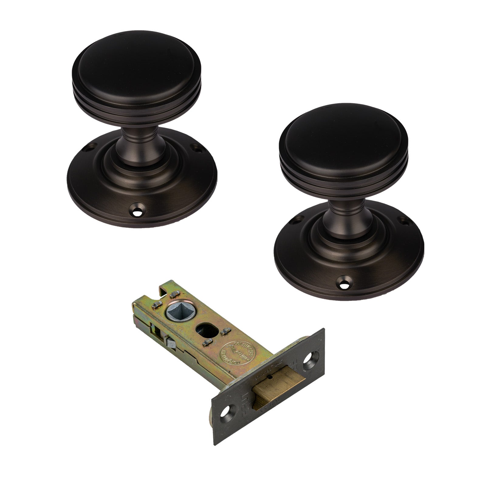 Richmond Door Knob on Rose with Matt Bronze 3 inch latch set