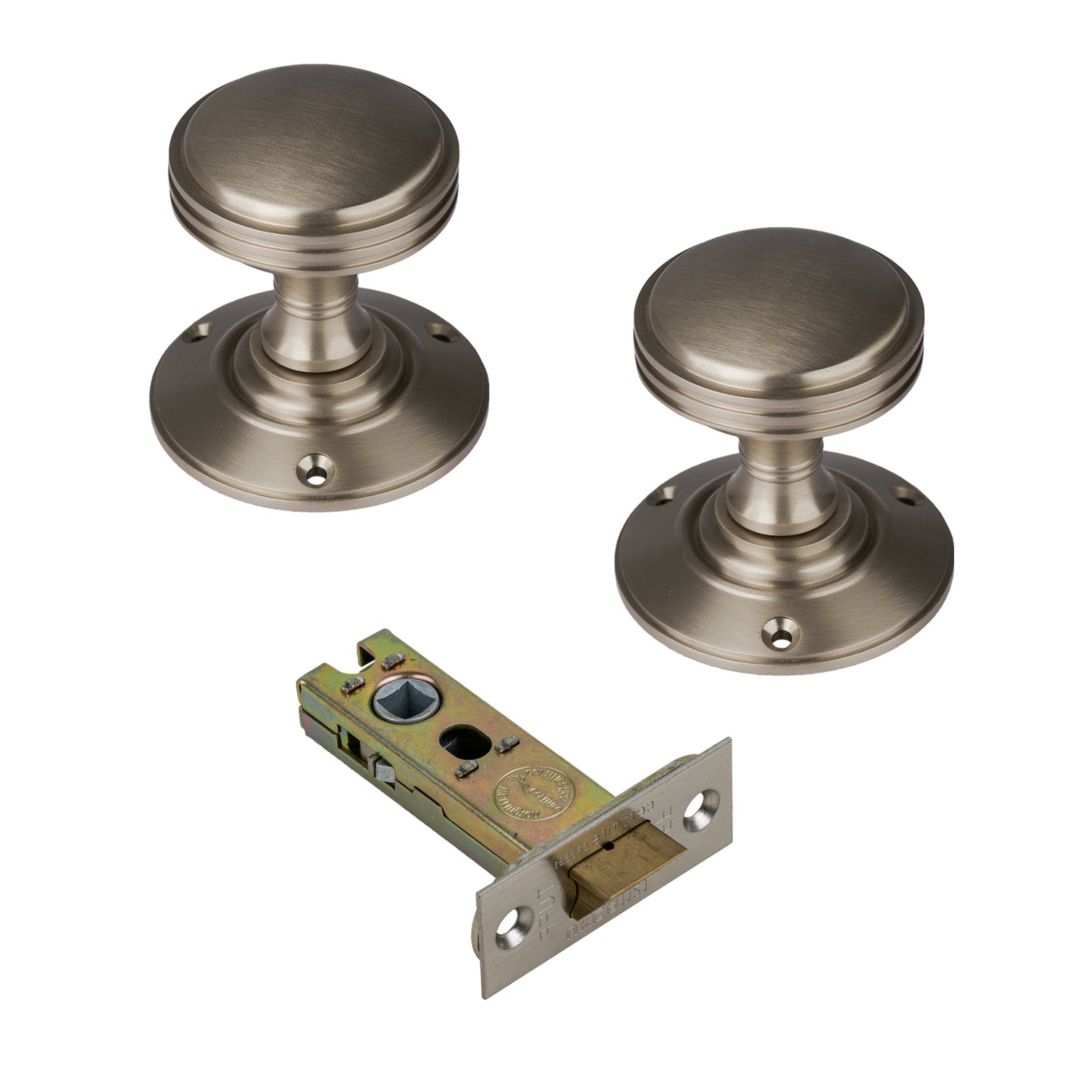 Richmond Door Knob on Rose with Satin Nickel 3 inch latch set