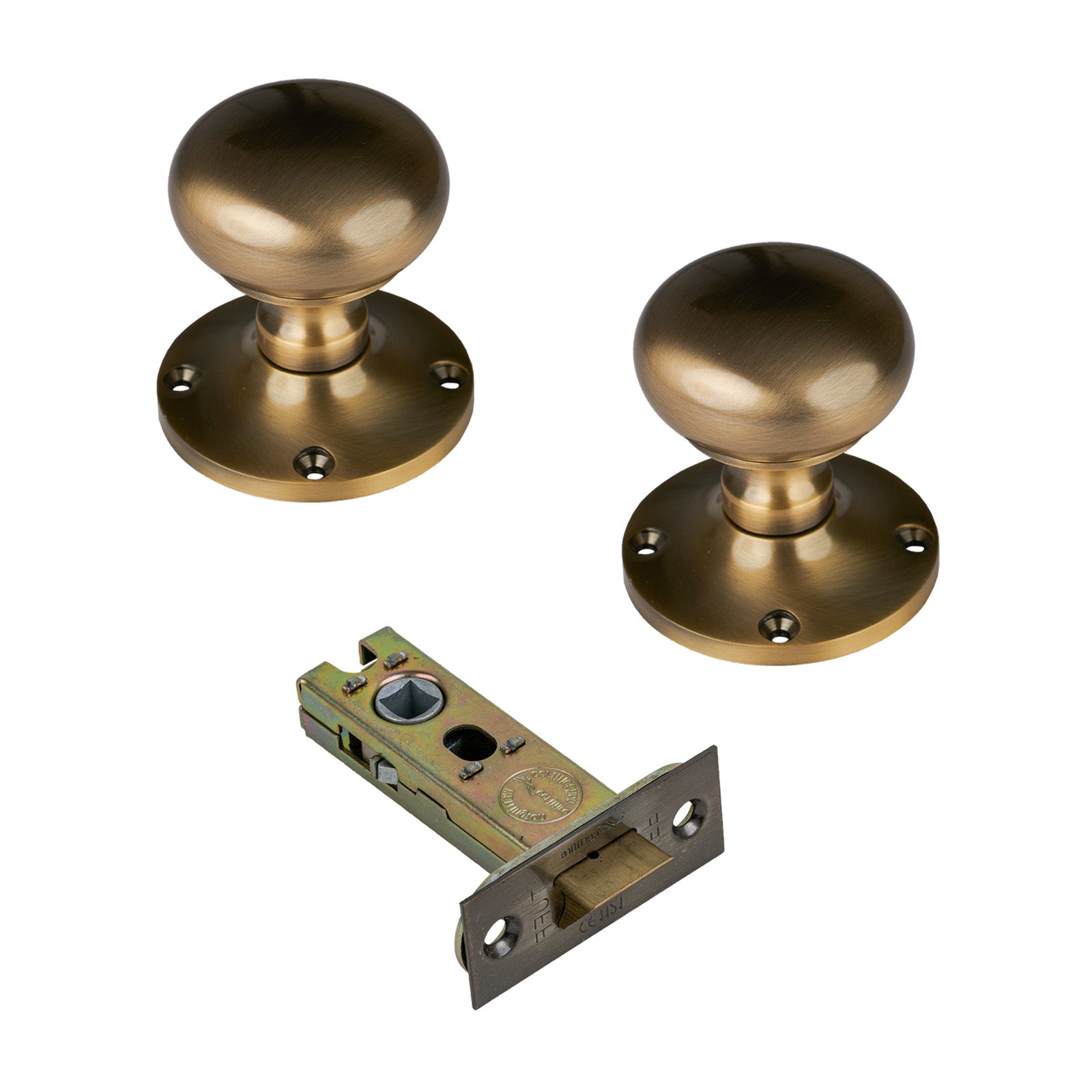 Kensington Door Knob on Rose with Aged Brass 3 inch latch set